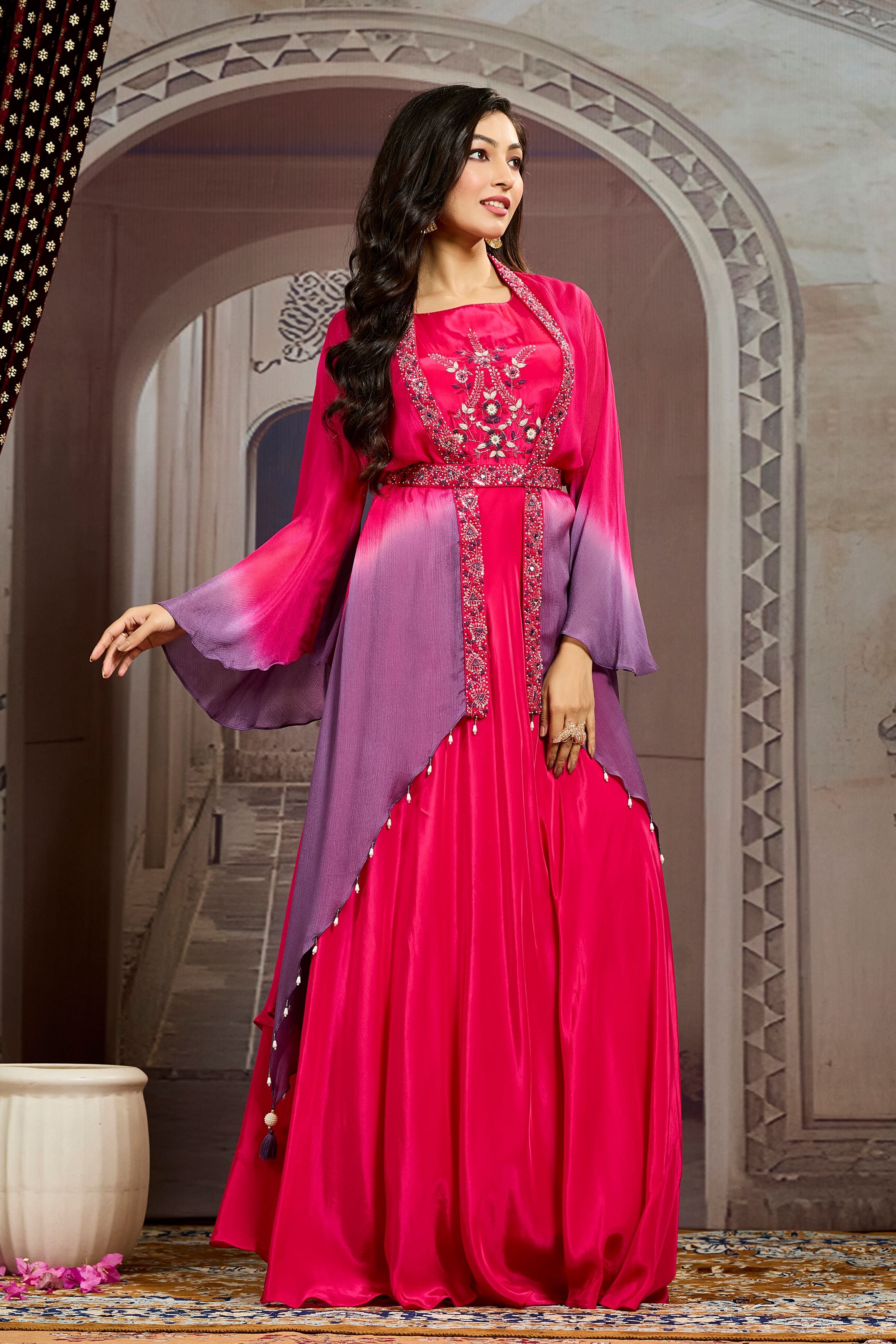 Pink Ombre-Dyed Chinon Silk Cape Gown