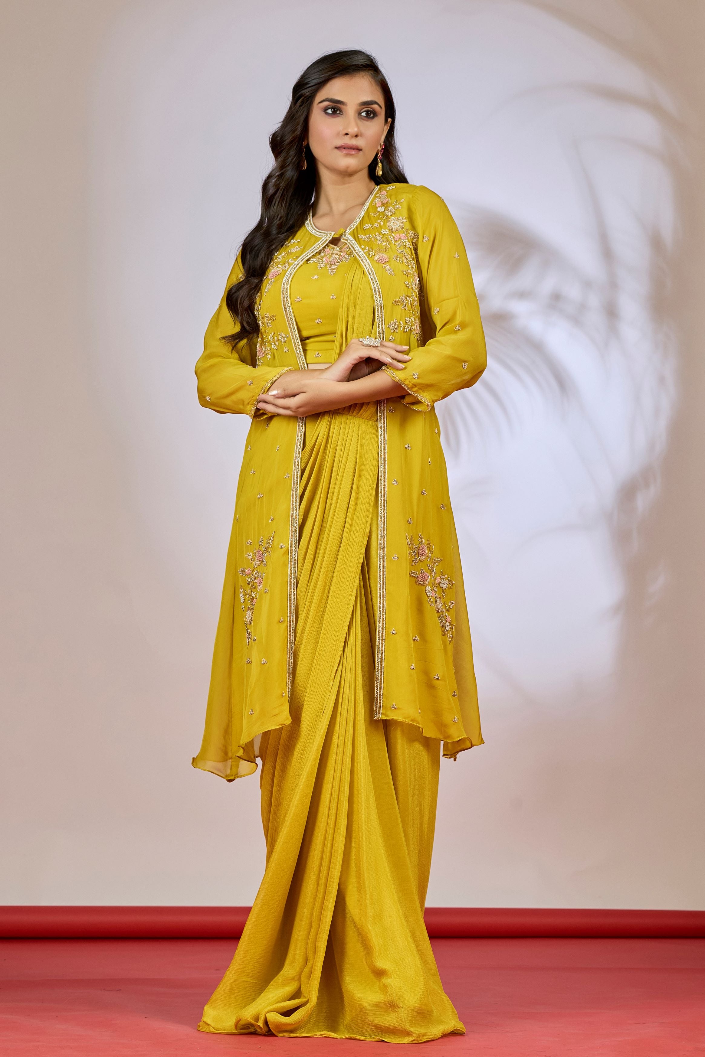 Mustard Yellow Embellished Chinon Silk Saree