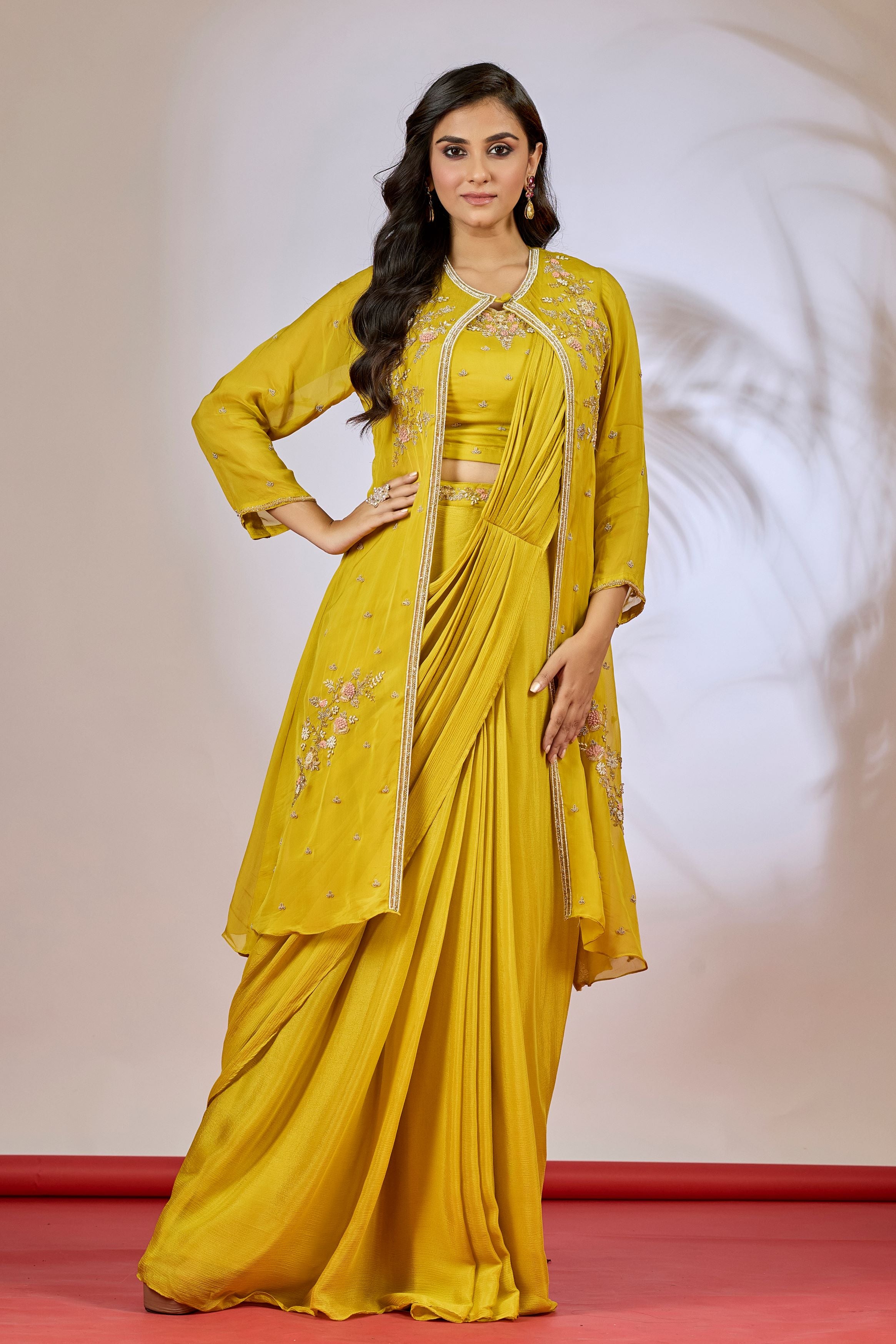 Mustard Yellow Embellished Chinon Silk Saree