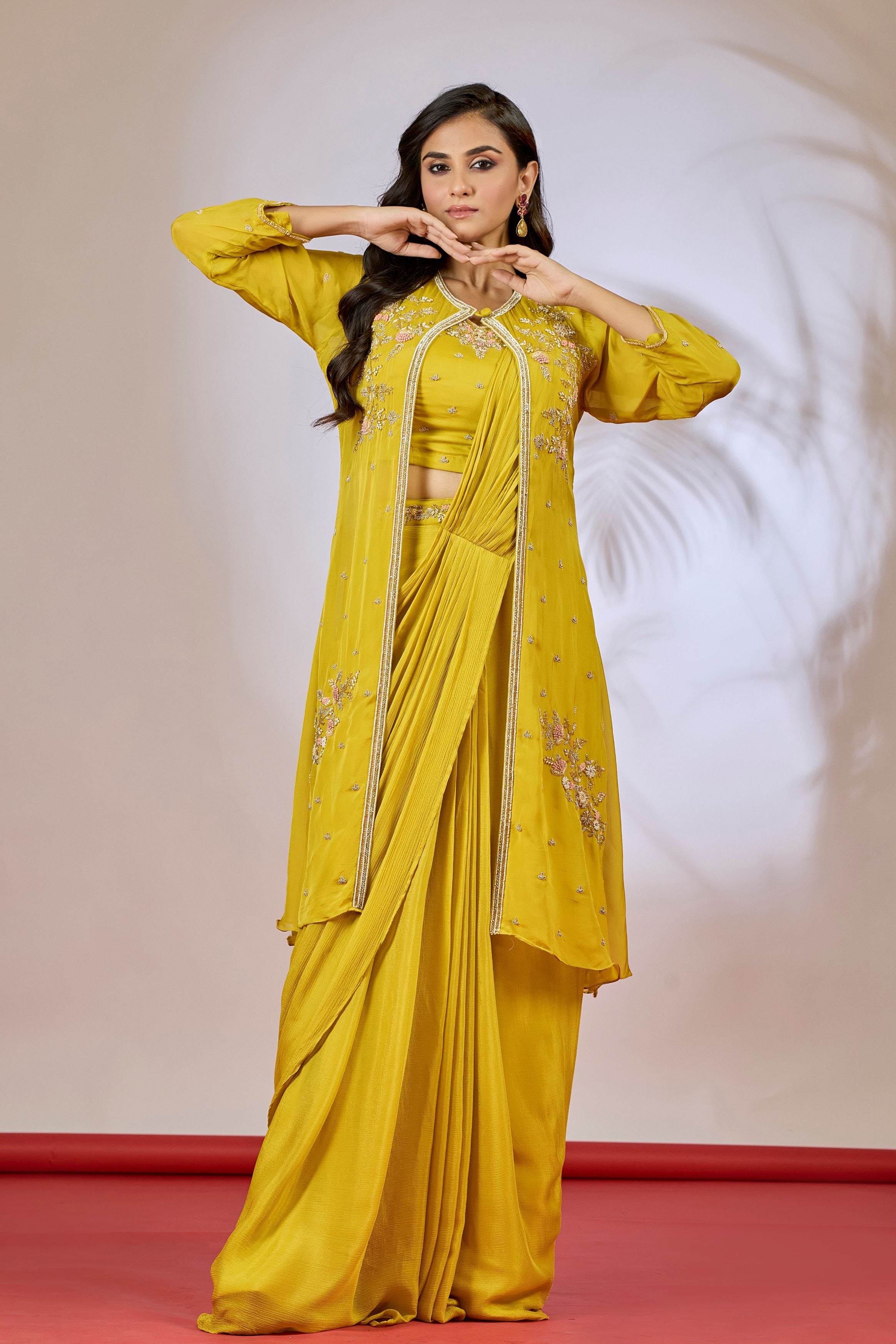 Mustard Yellow Embellished Chinon Silk Saree