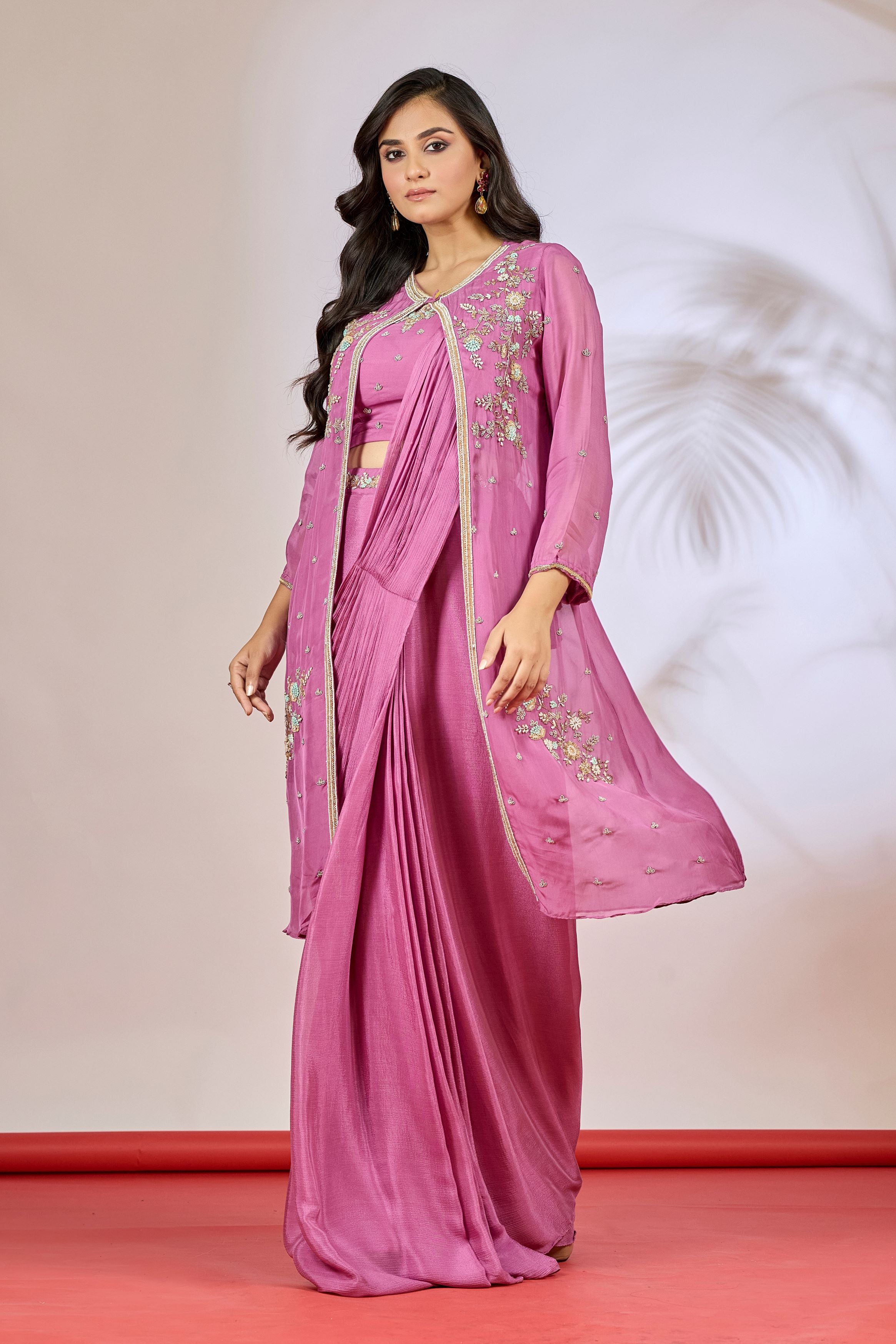 Purple Embellished Chinon Silk Saree