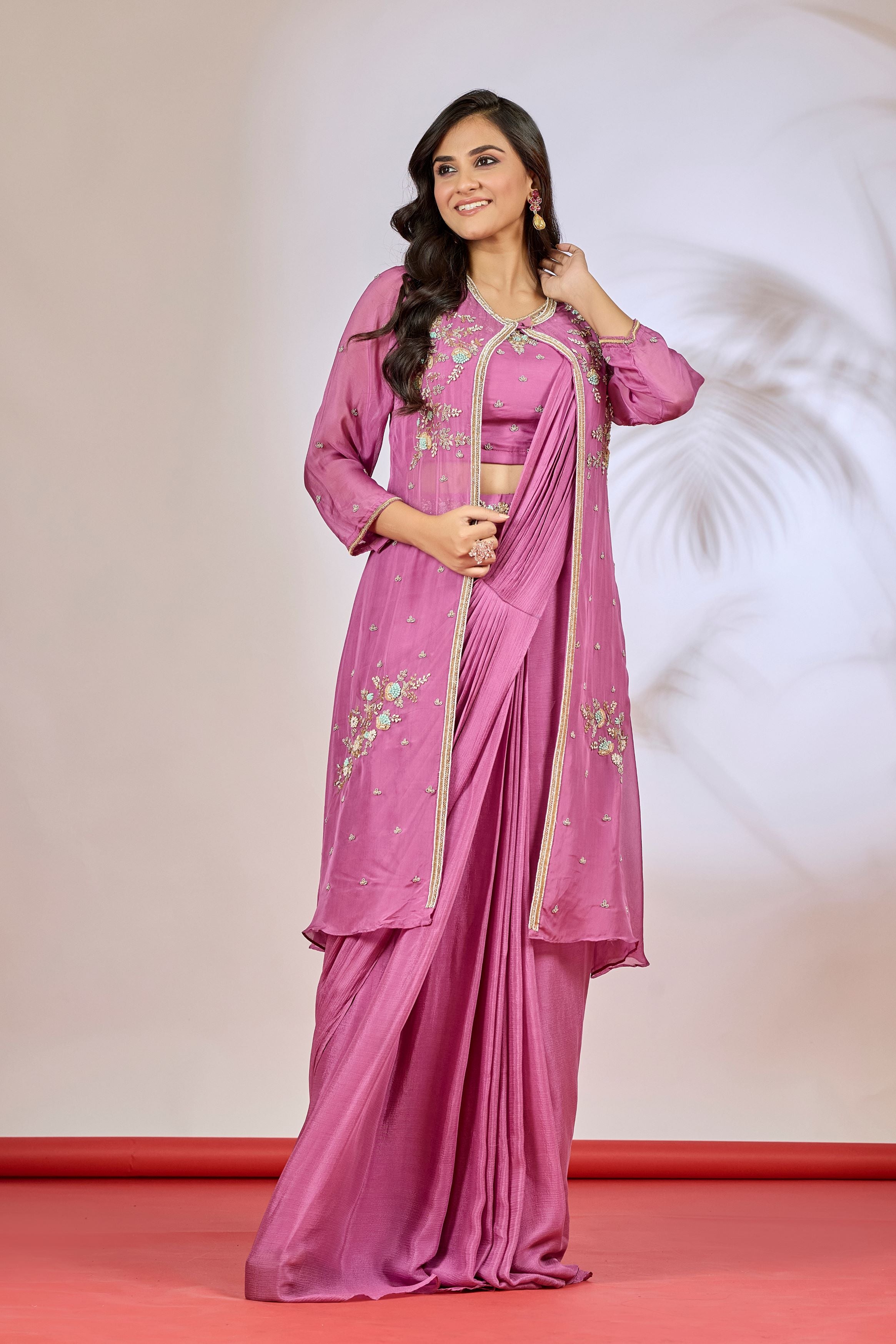 Purple Embellished Chinon Silk Saree