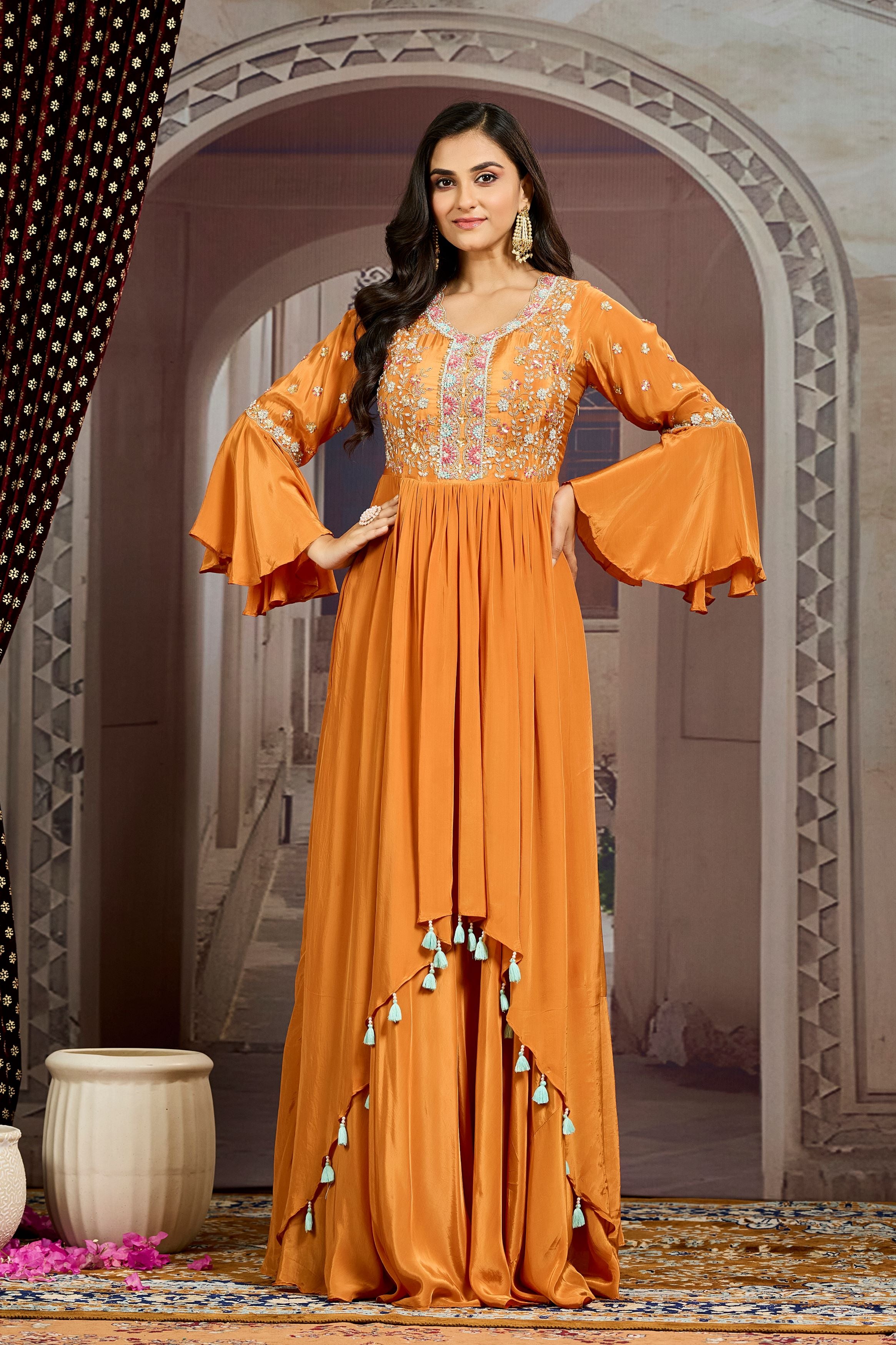 Orange Embellished Chinon Silk  Gown