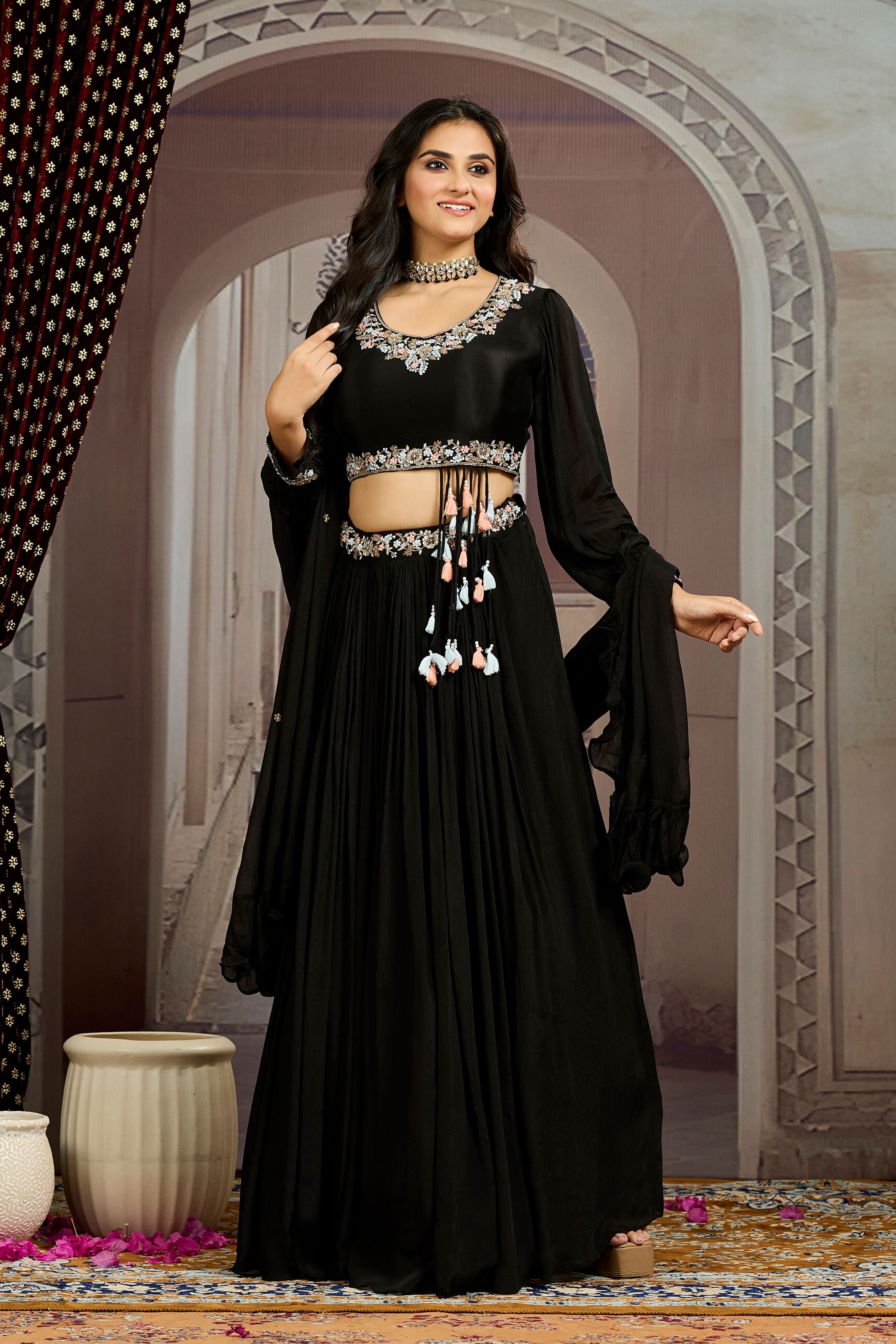 Hot Black Embellished Chinon Silk Skirt Set