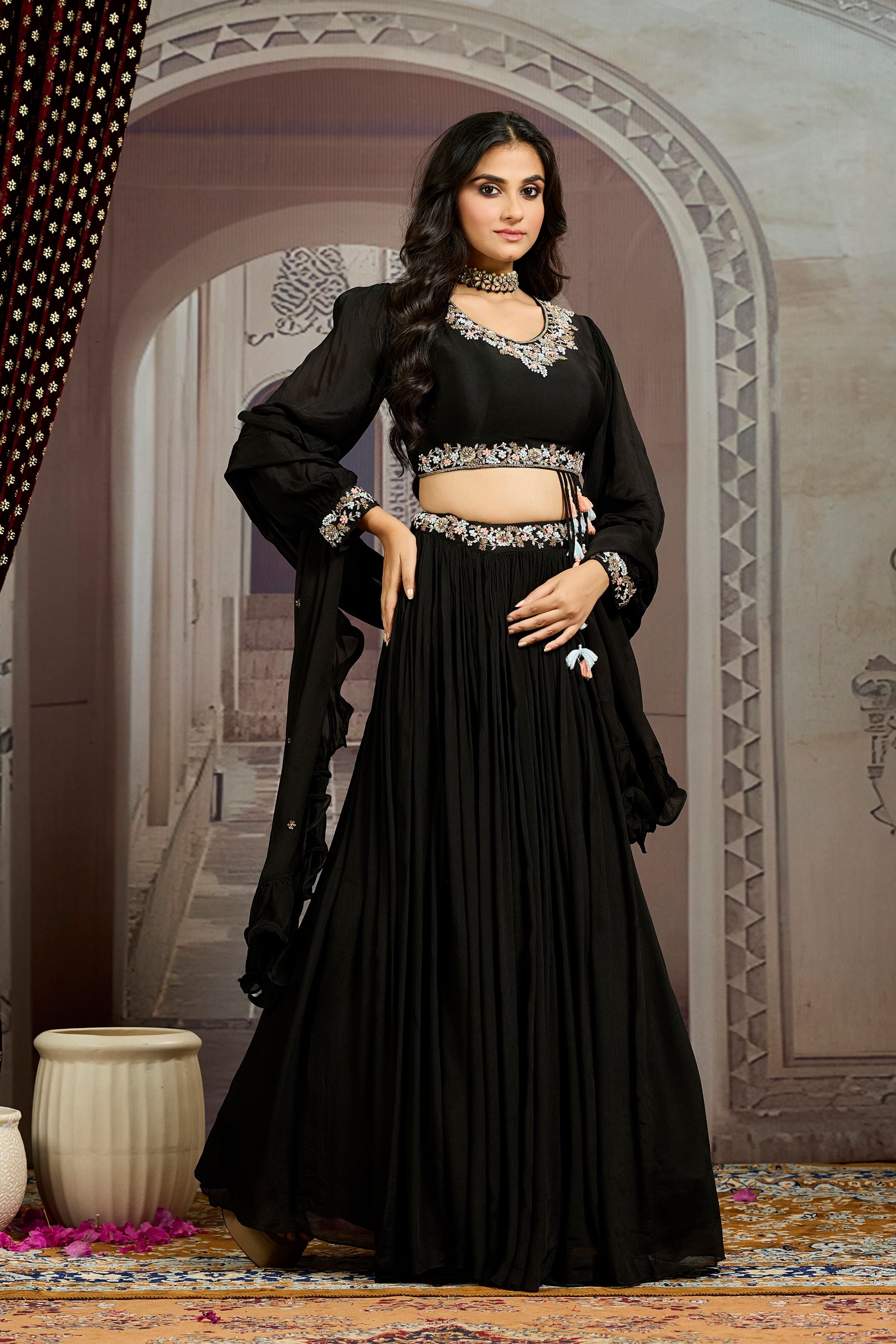 Hot Black Embellished Chinon Silk Skirt Set