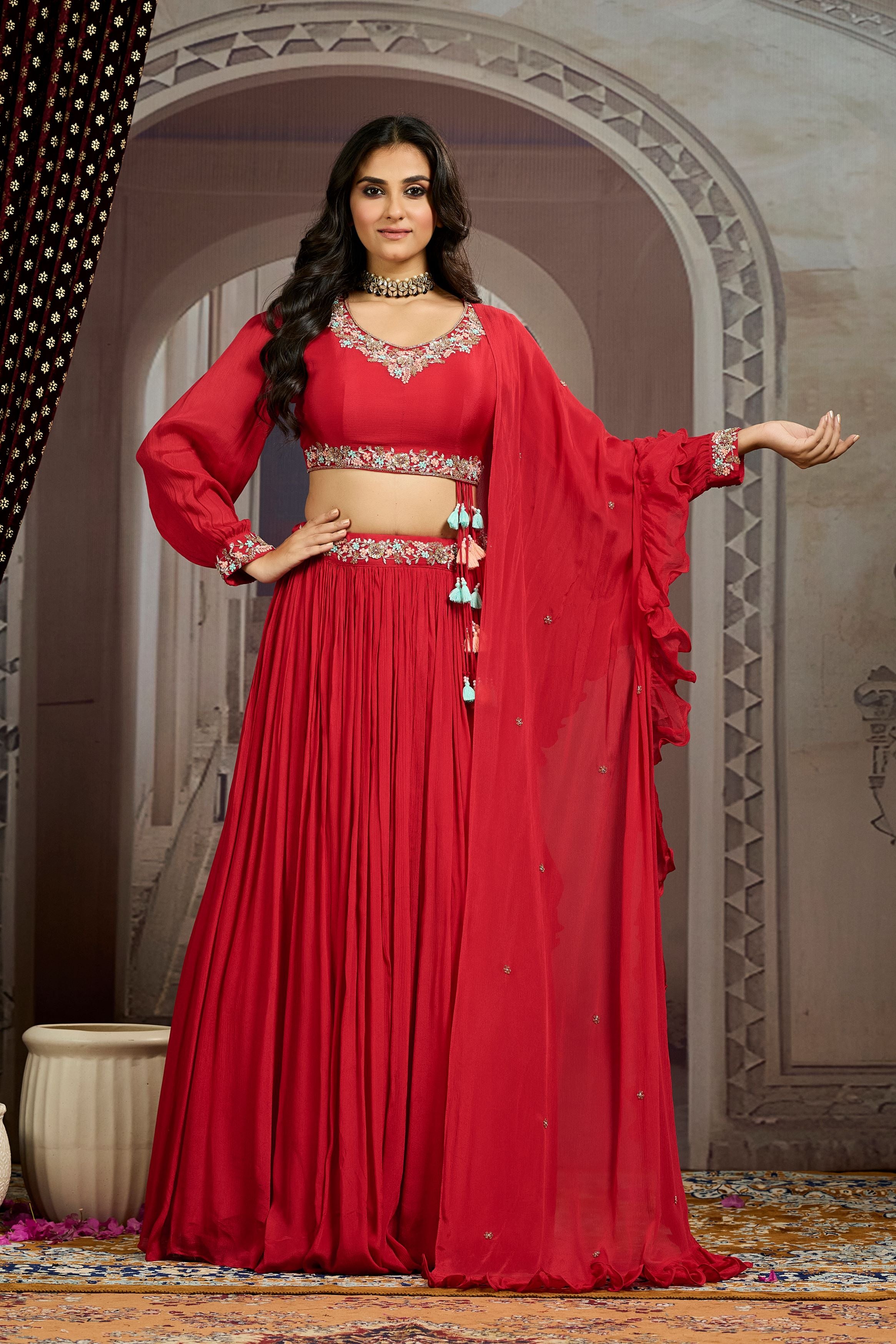 Royal Red Embellished Chinon Silk Skirt Set