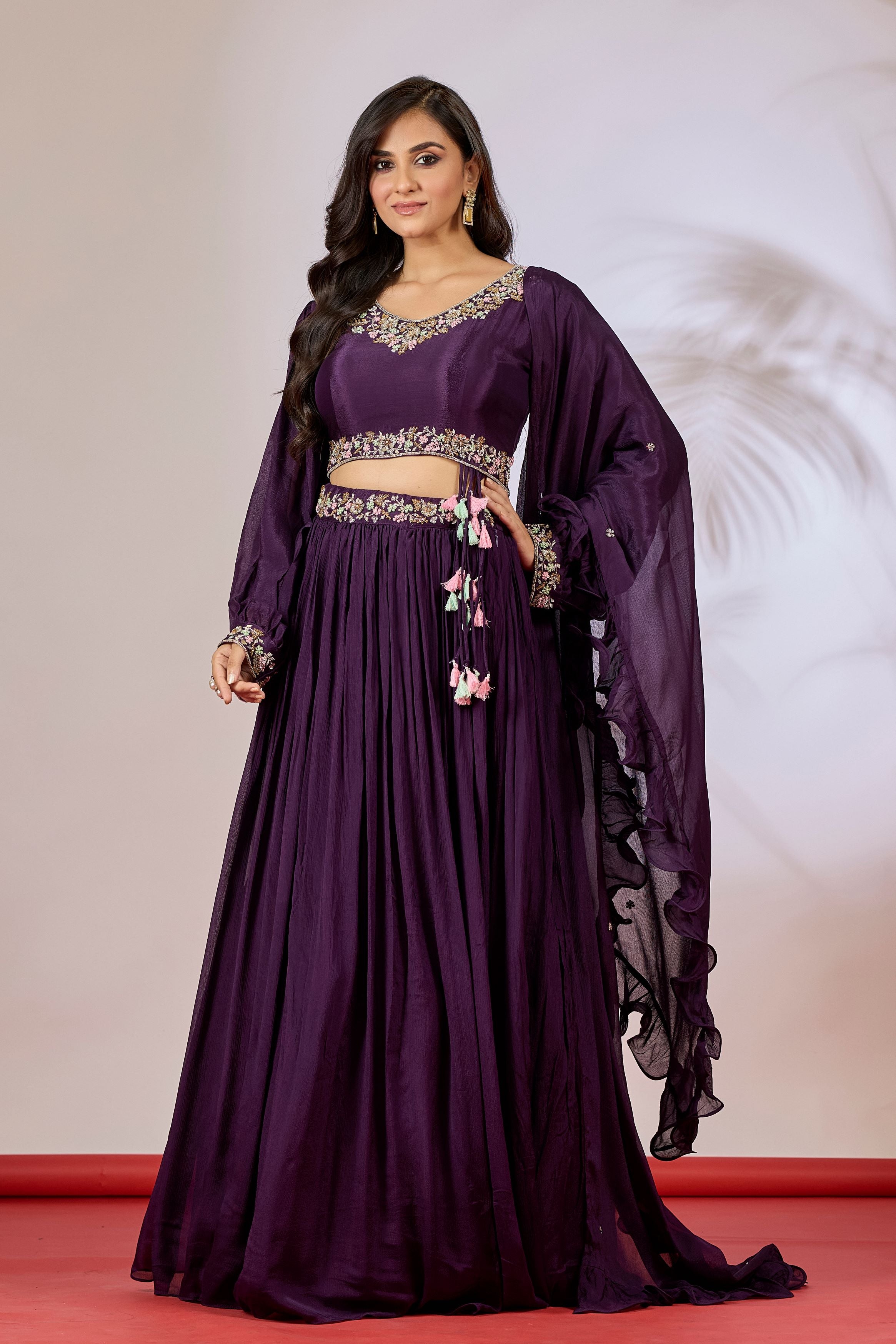 Deep Purple Embellished Chinon Silk Skirt Set