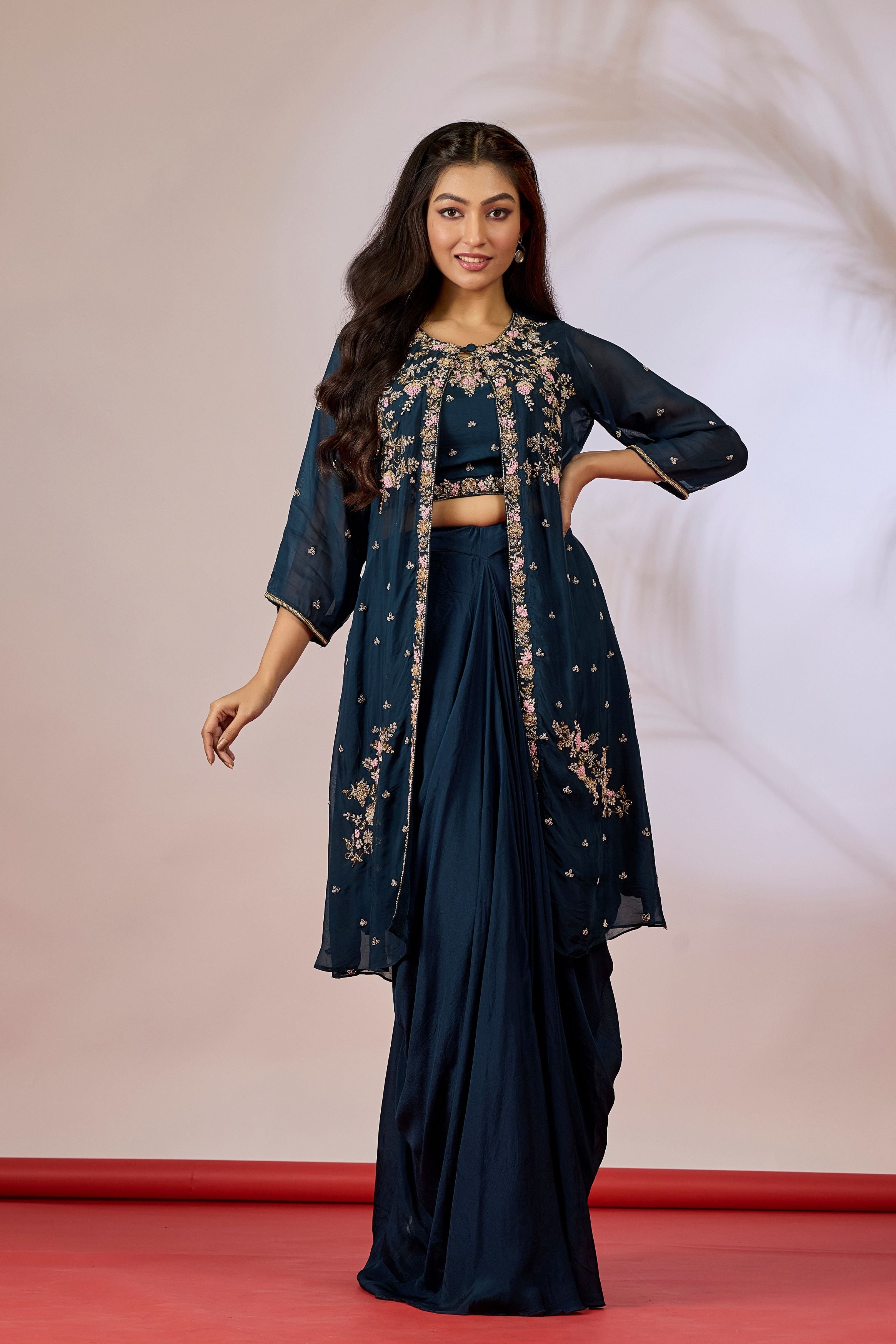 Deep Teal Embellished Chinon Silk Cape Set