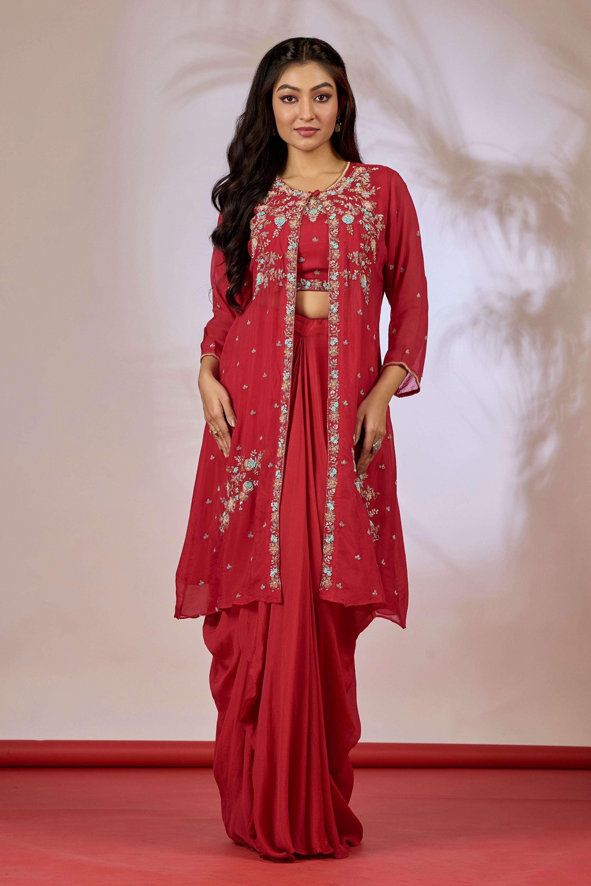 Rose Red Embellished Chinon Silk Cape Set