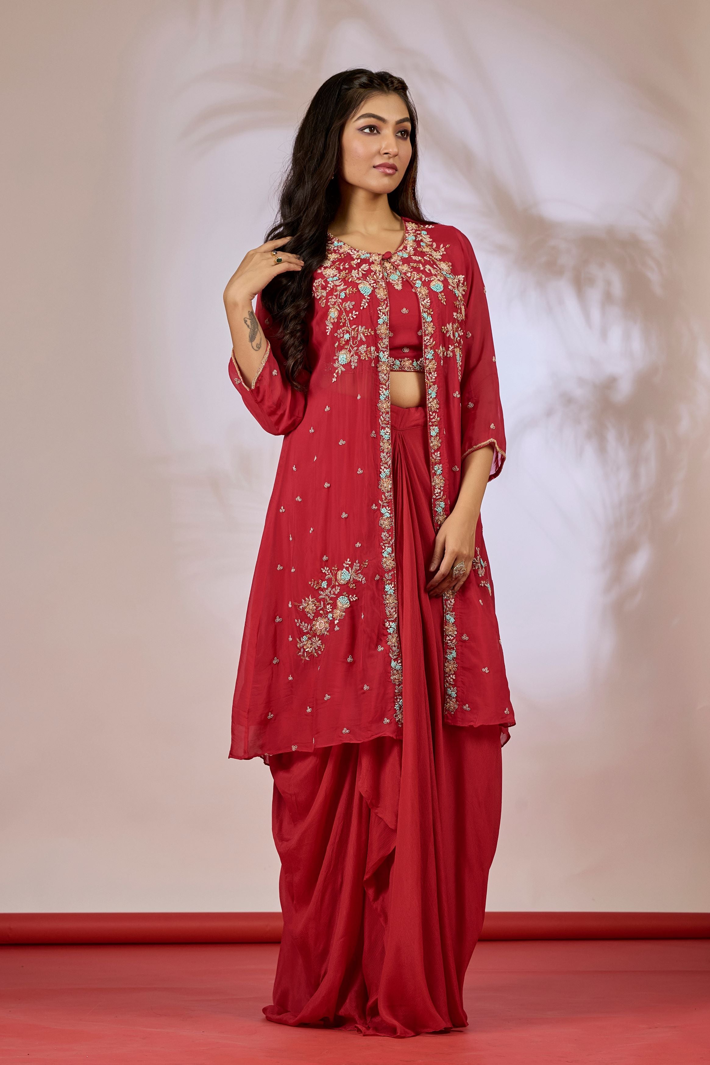 Rose Red Embellished Chinon Silk Cape Set