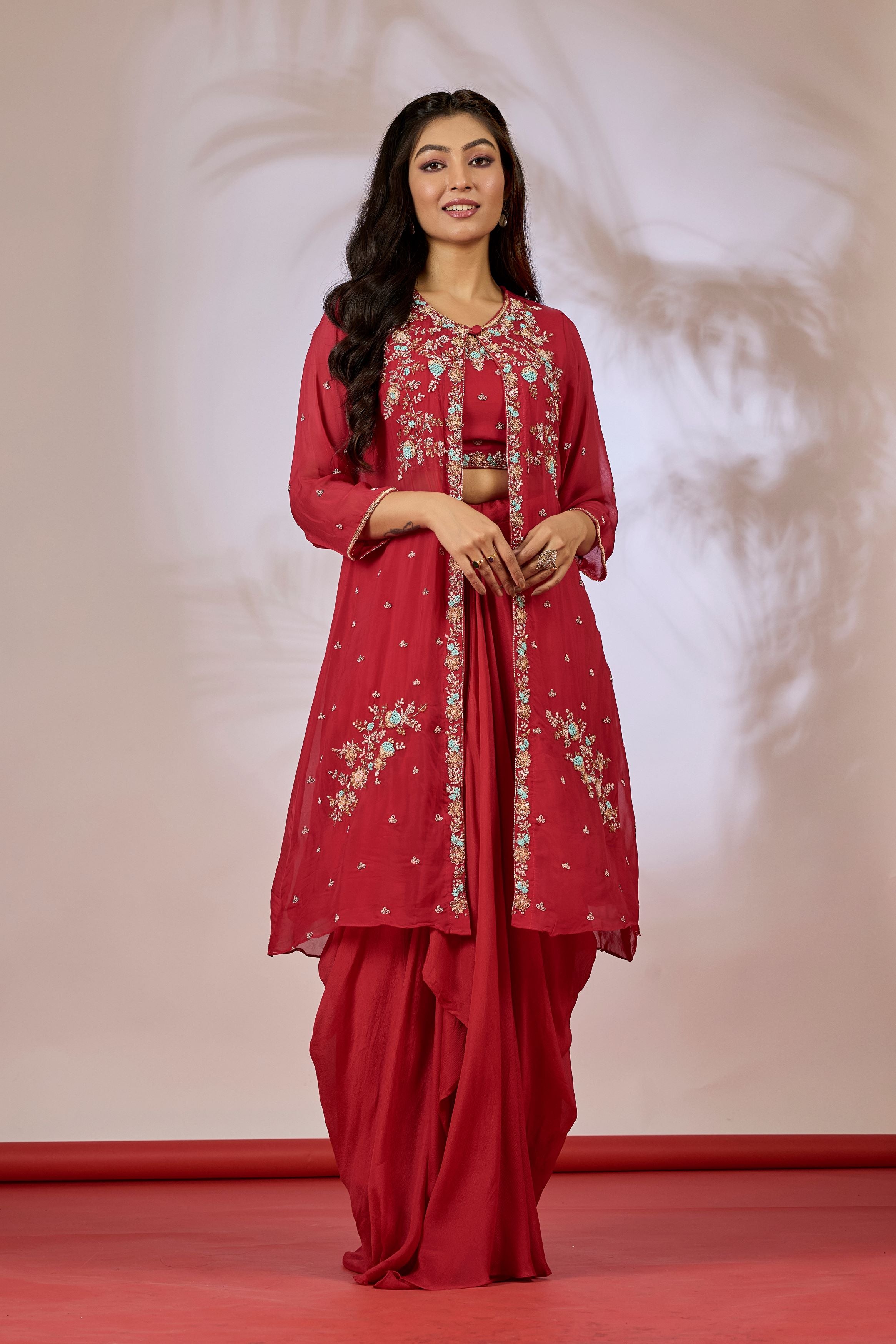 Rose Red Embellished Chinon Silk Cape Set