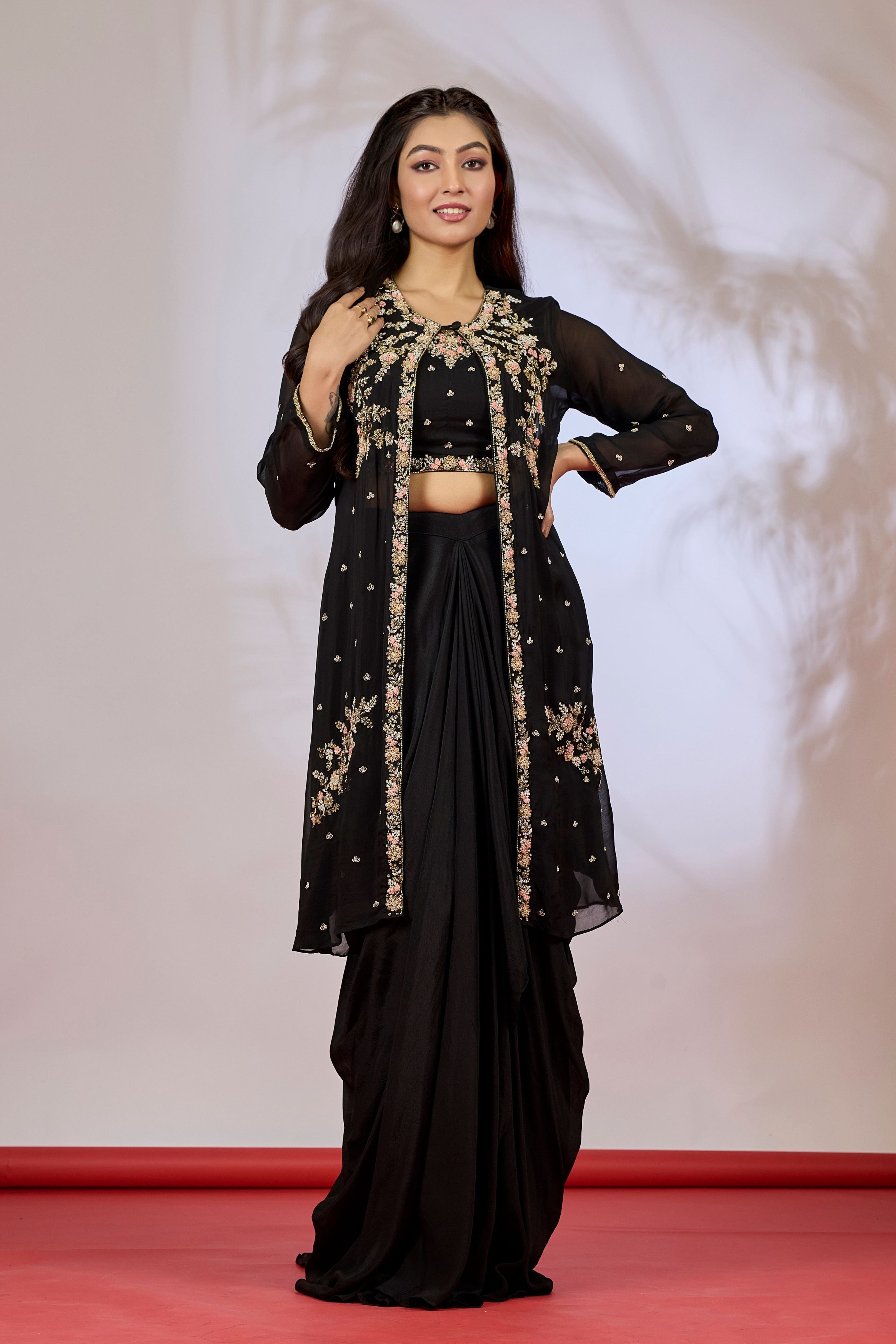 Black Embellished Chinon Silk Cape Set