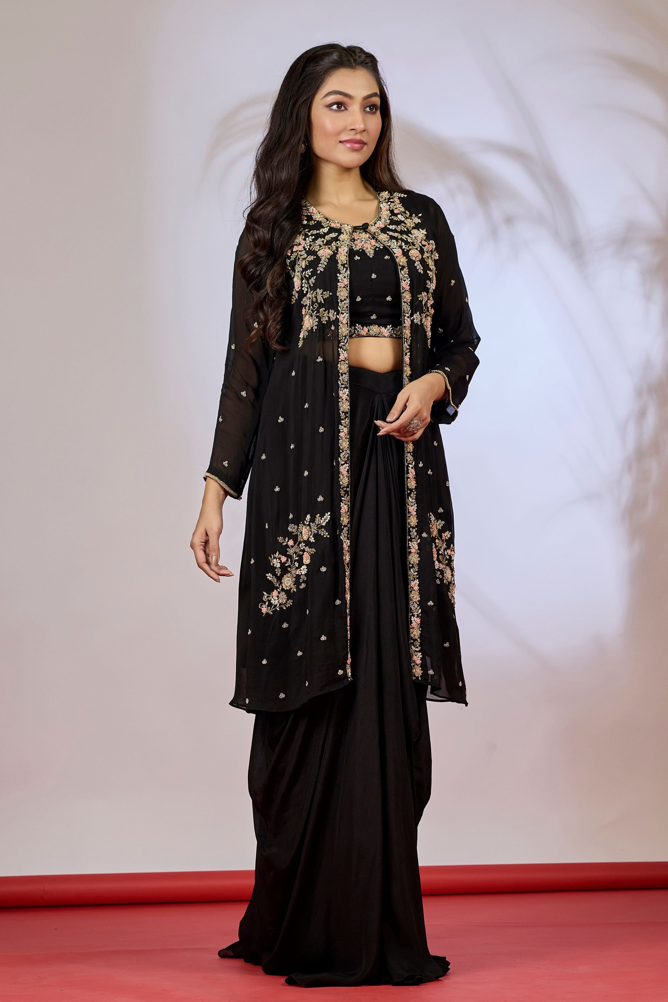 Black Embellished Chinon Silk Cape Set