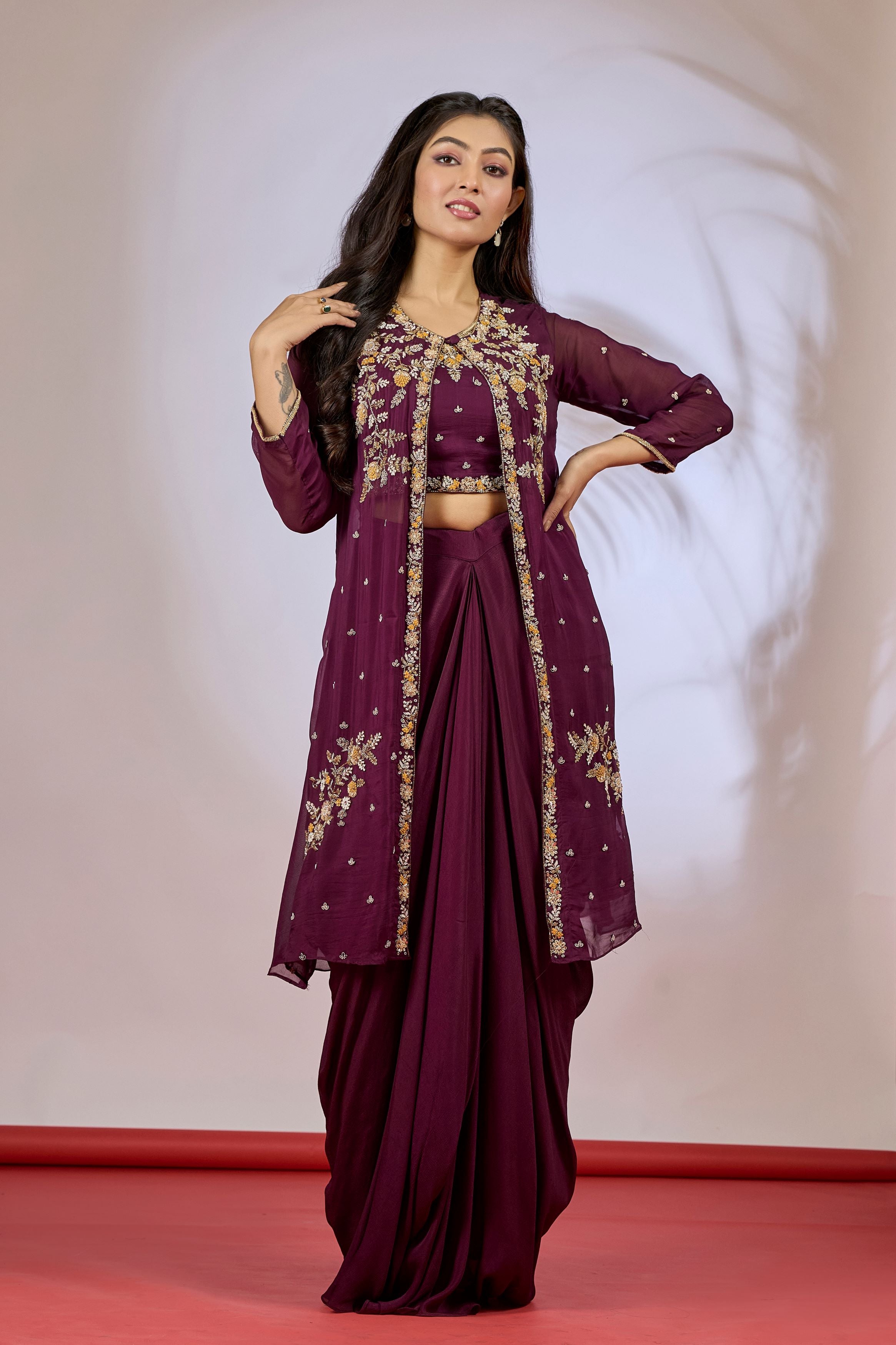 Deep Purple Embellished Chinon Silk Cape Set