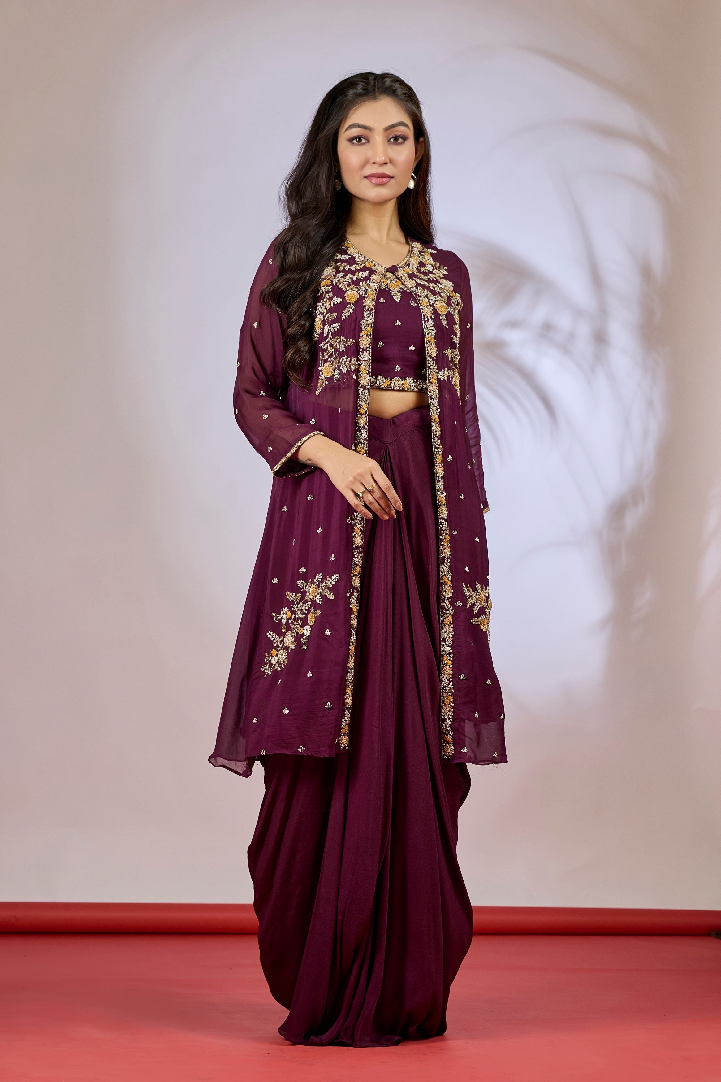 Deep Purple Embellished Chinon Silk Cape Set