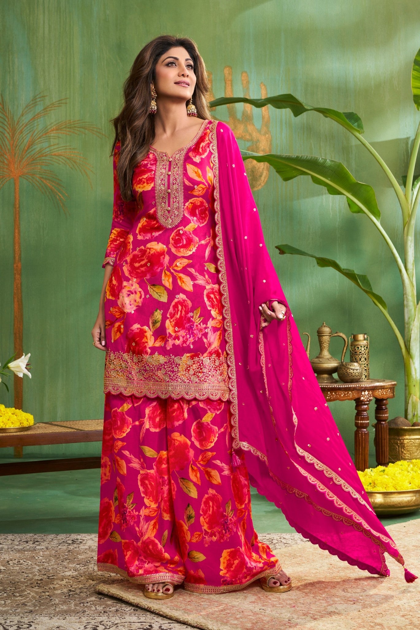 Pink Floral Printed Premium Silk Palazzo Set