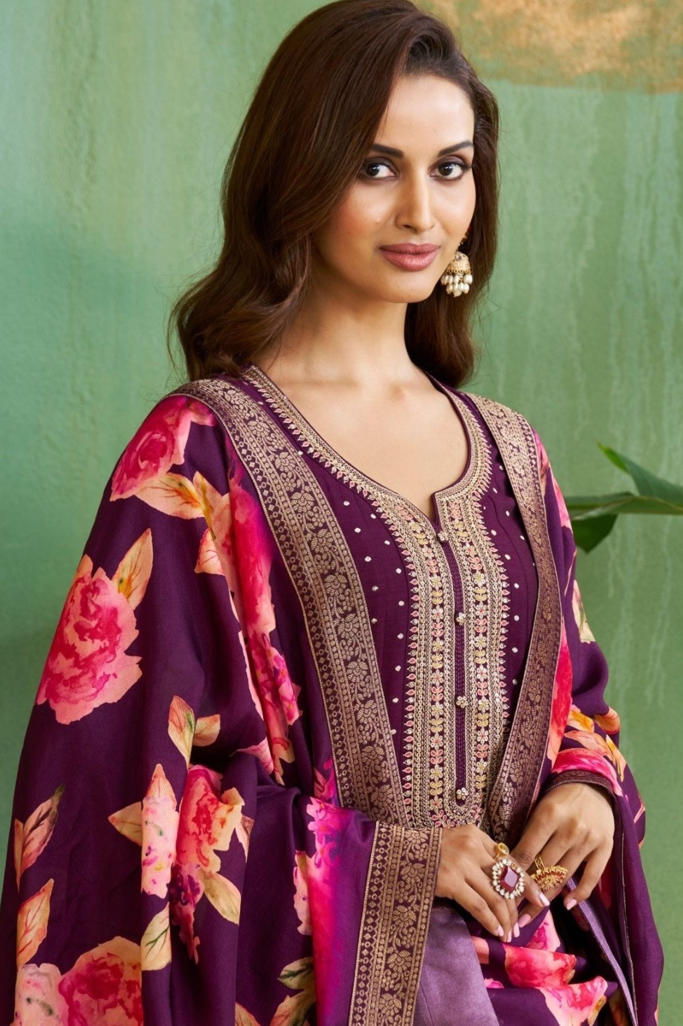 Deep Purple Embellished Raw Silk Anarkali Set