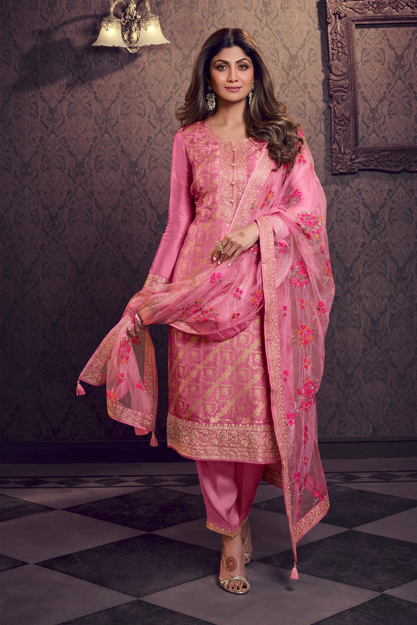 Pink Embroidered Banarasi Organza Silk Pants Set