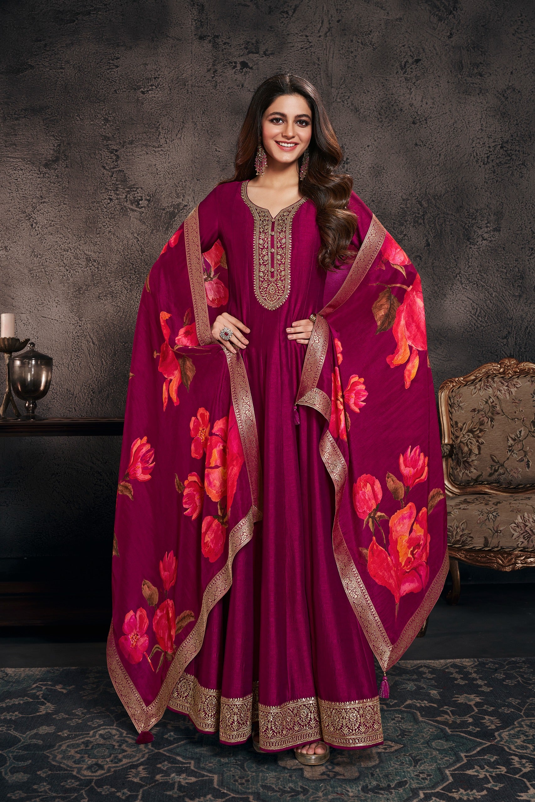 Fuchsia Pink Embellished Chinon Silk Anarkali Set