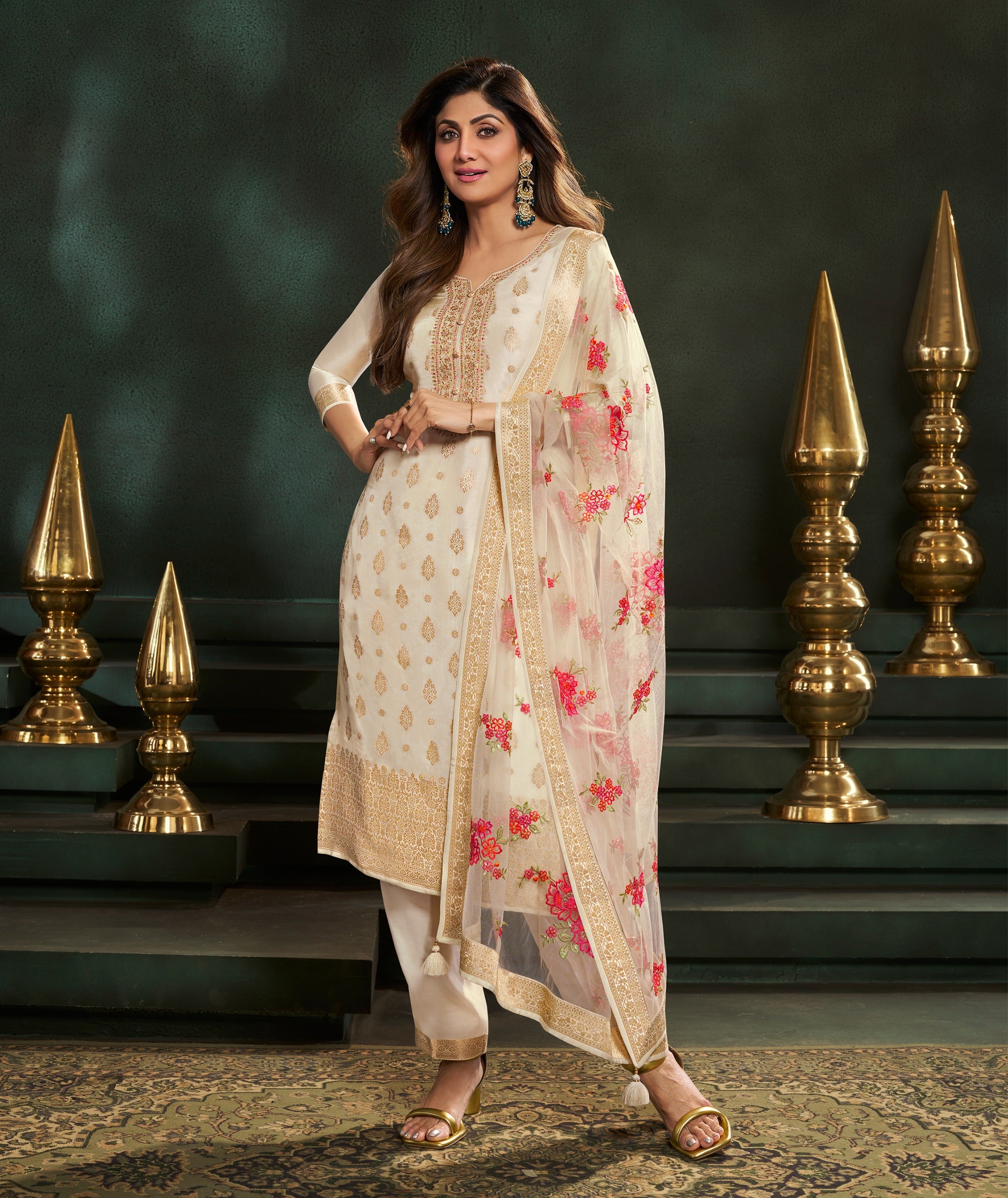 Soft Ivory Embellished Chinon Silk Pant Set