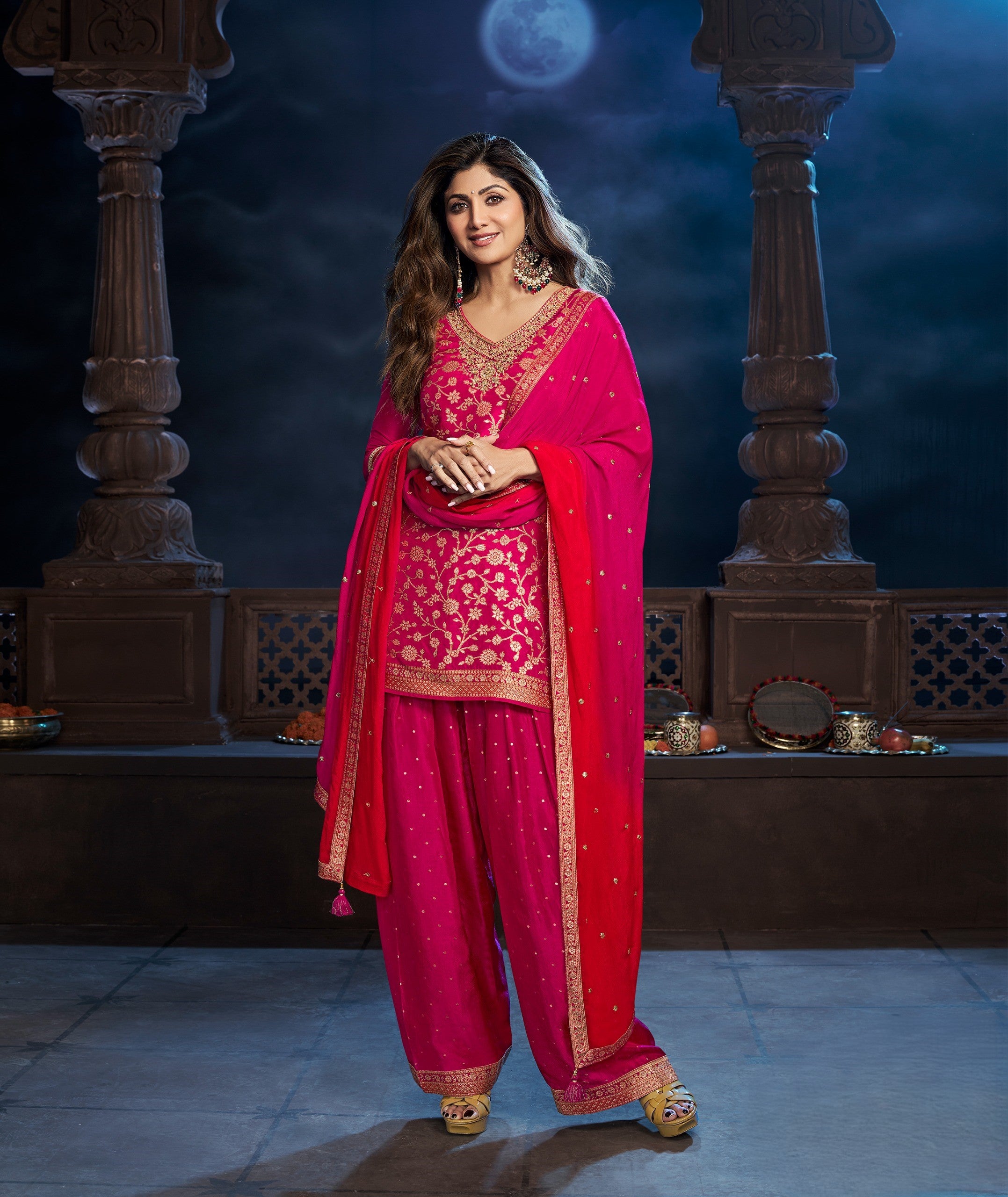 Bright Pink Embellished Premium Silk  Palazzo Set