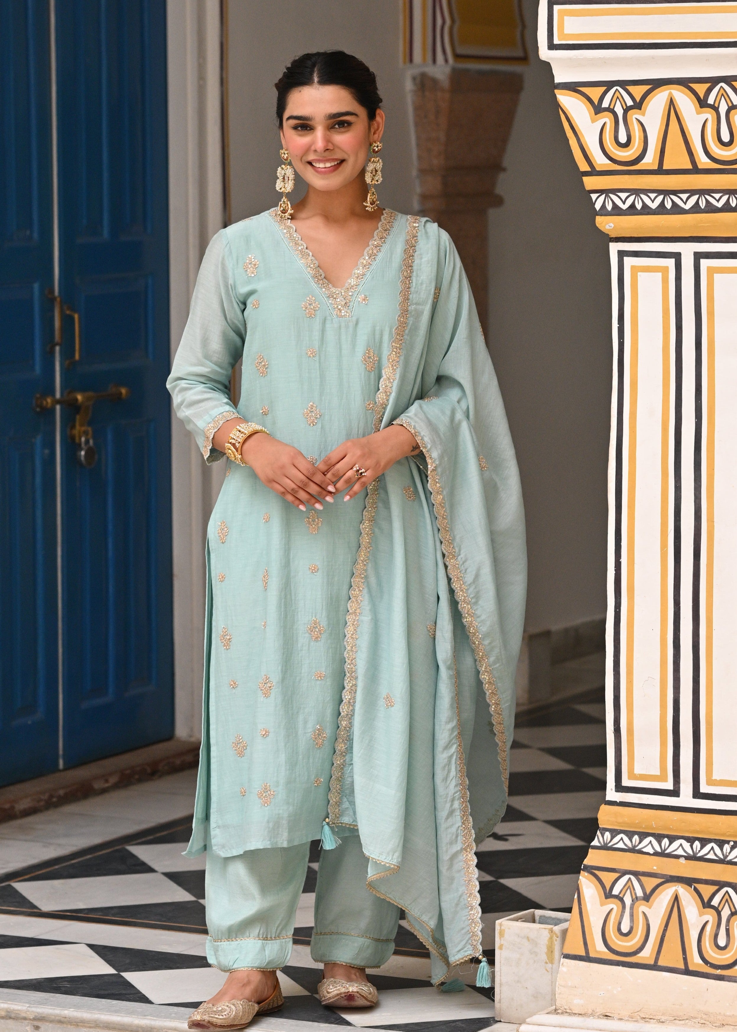 Light Blue Embellished Mul-Chanderi Silk Pant Set