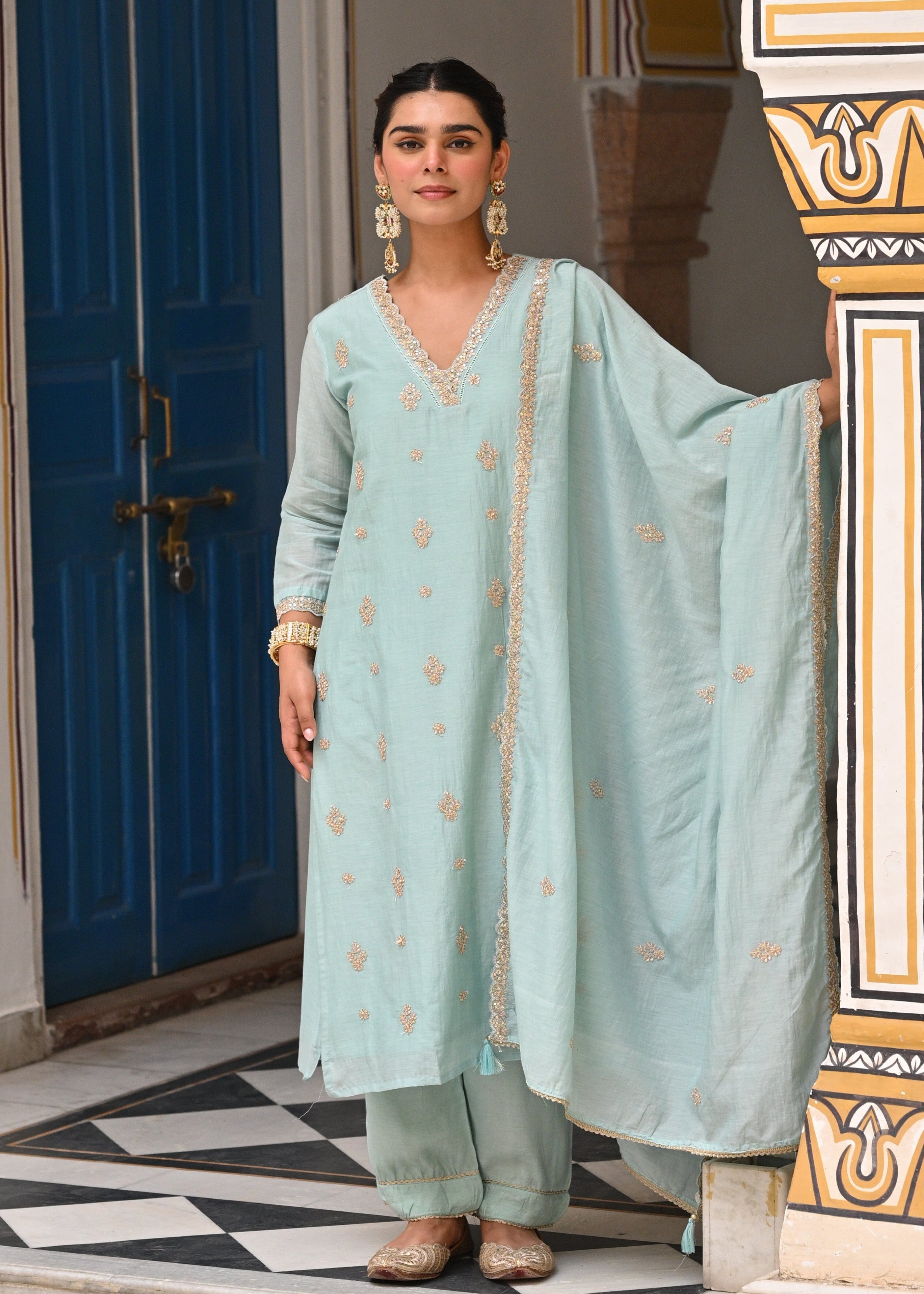 Light Blue Embellished Mul-Chanderi Silk Pant Set