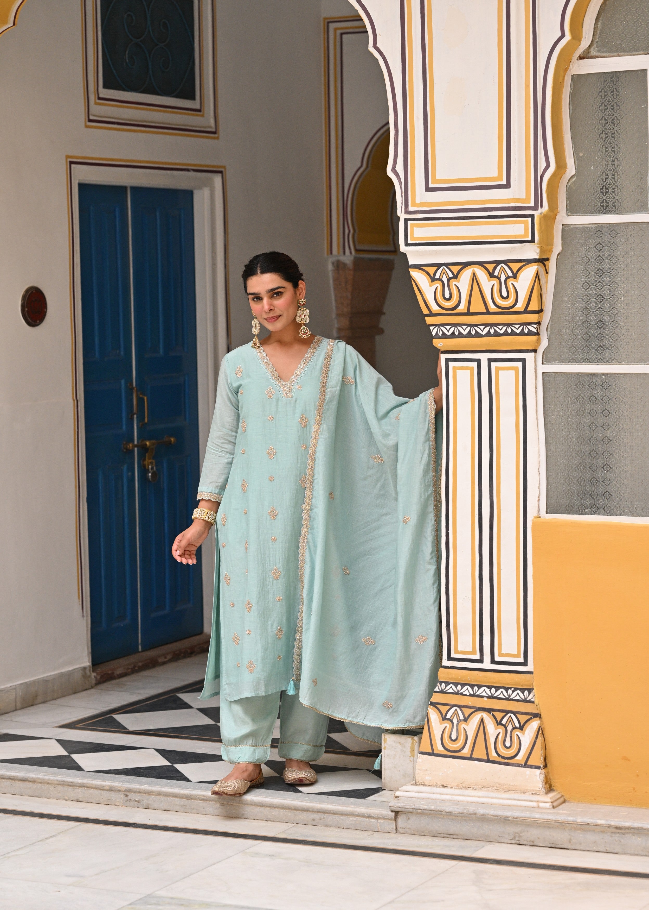 Light Blue Embellished Mul-Chanderi Silk Pant Set