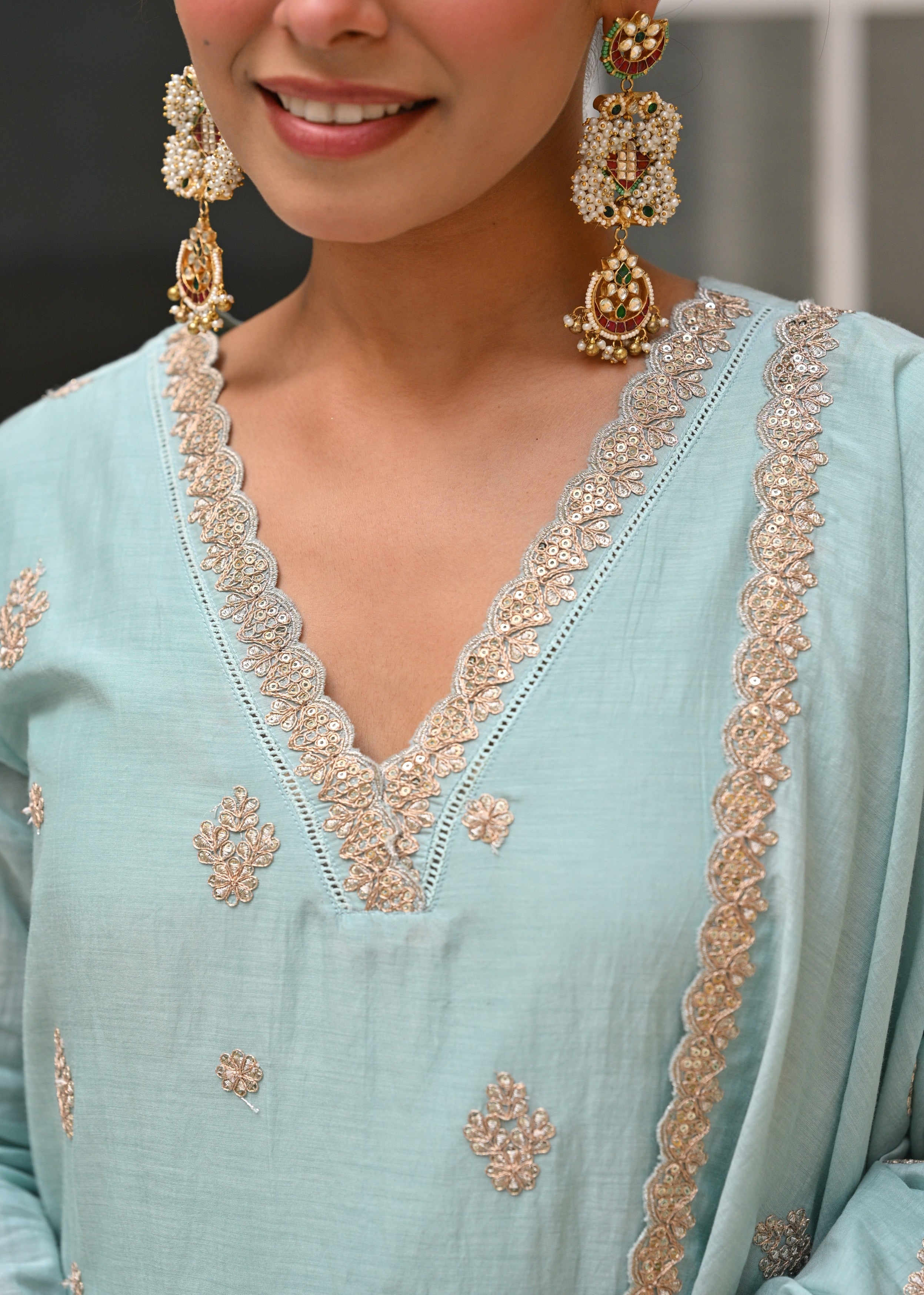 Light Blue Embellished Mul-Chanderi Silk Pant Set