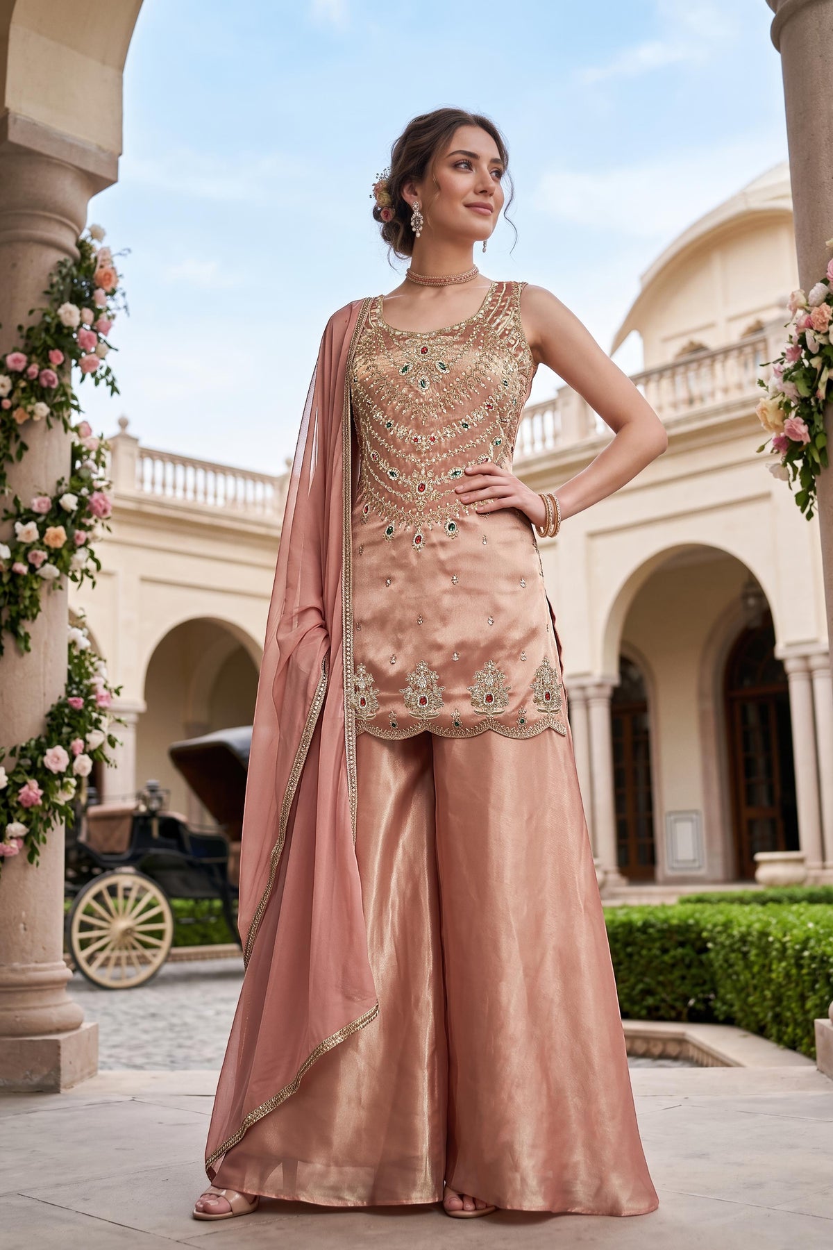 Rose Gold Embellished Shimmer Silk Palazzo Set