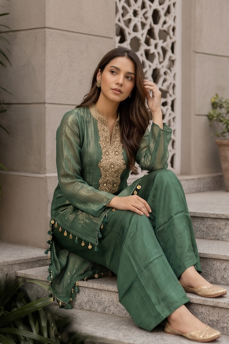 Sage Green Embellished Shimmer Tissue Silk Co-Ord Set