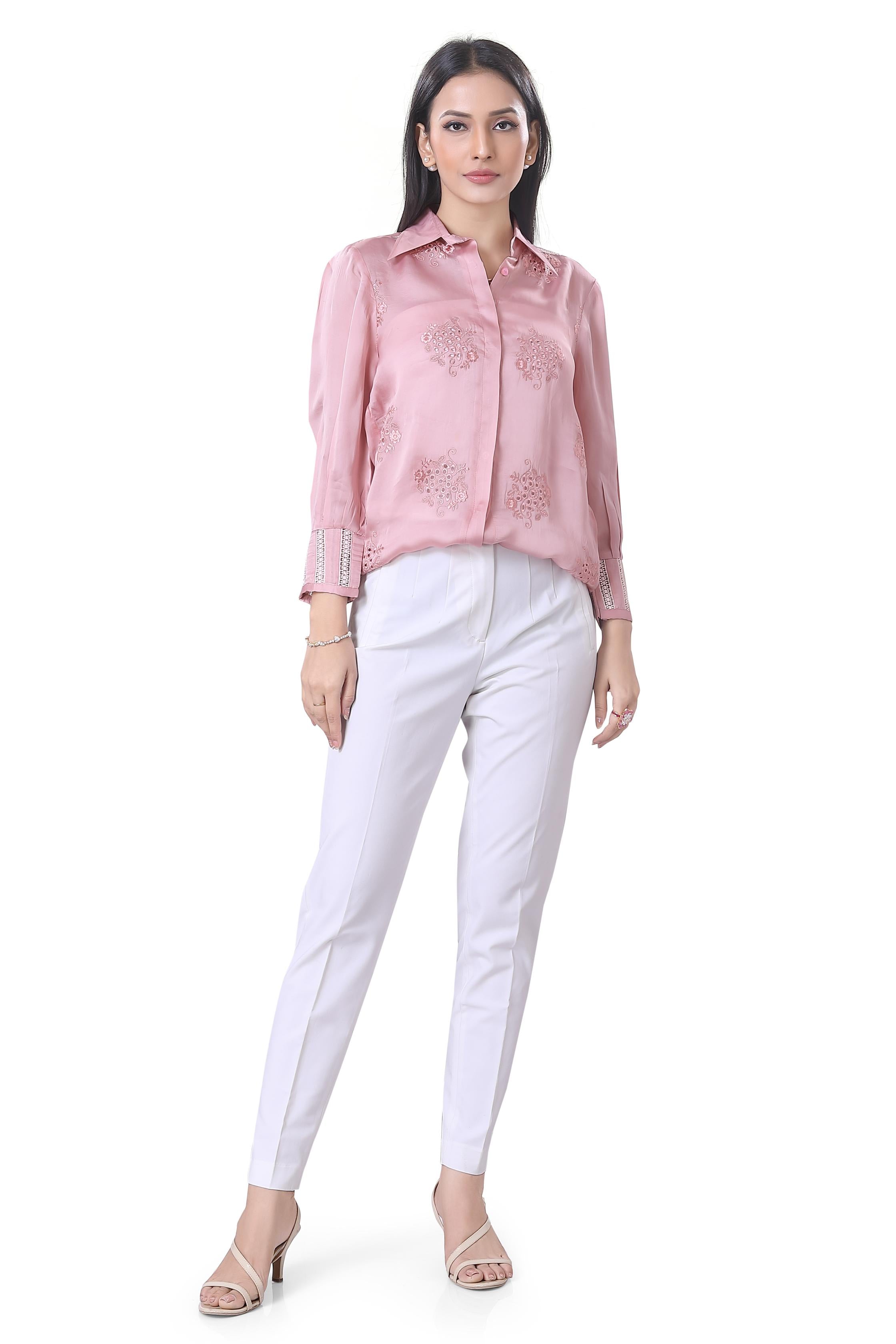 Pastel Pink Cut-Work Embroidered Satin Organza Silk Shirt