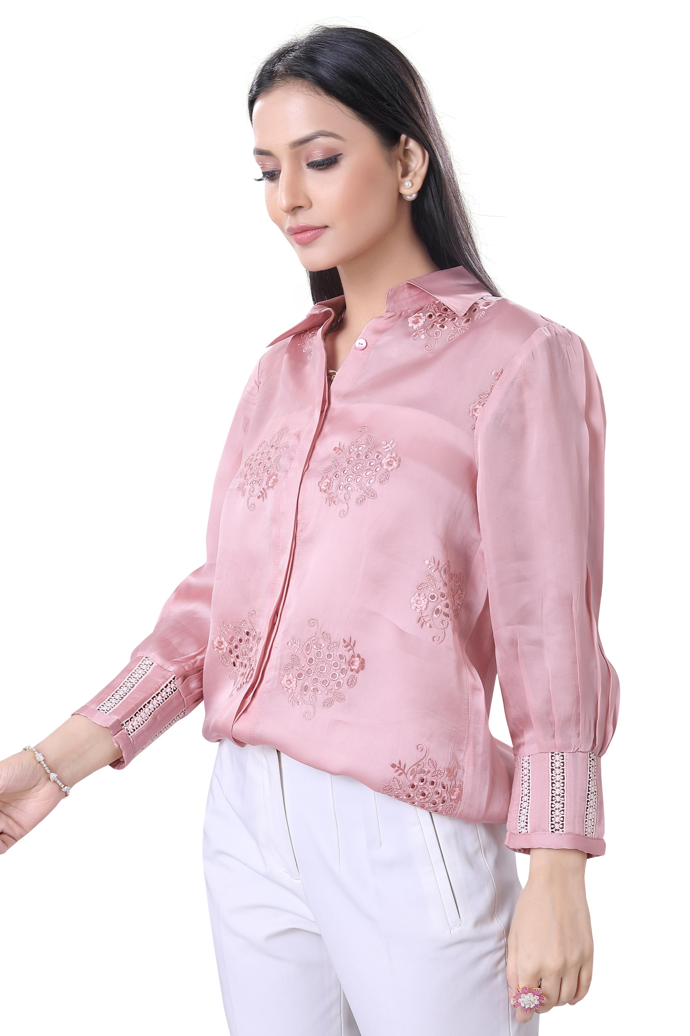 Pastel Pink Cut-Work Embroidered Satin Organza Silk Shirt