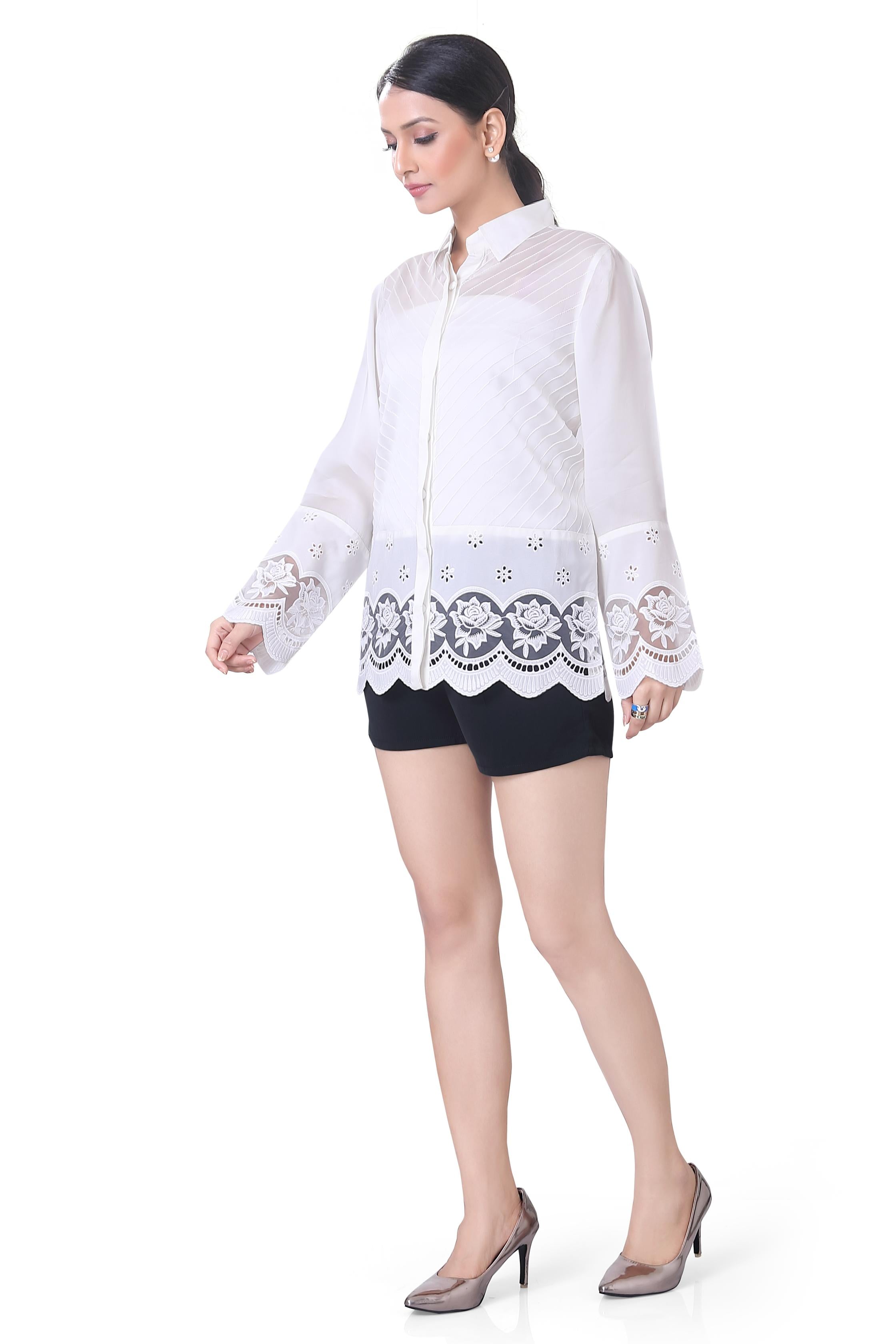 White Cut-Work Embroidered Satin Organza Silk Shirt