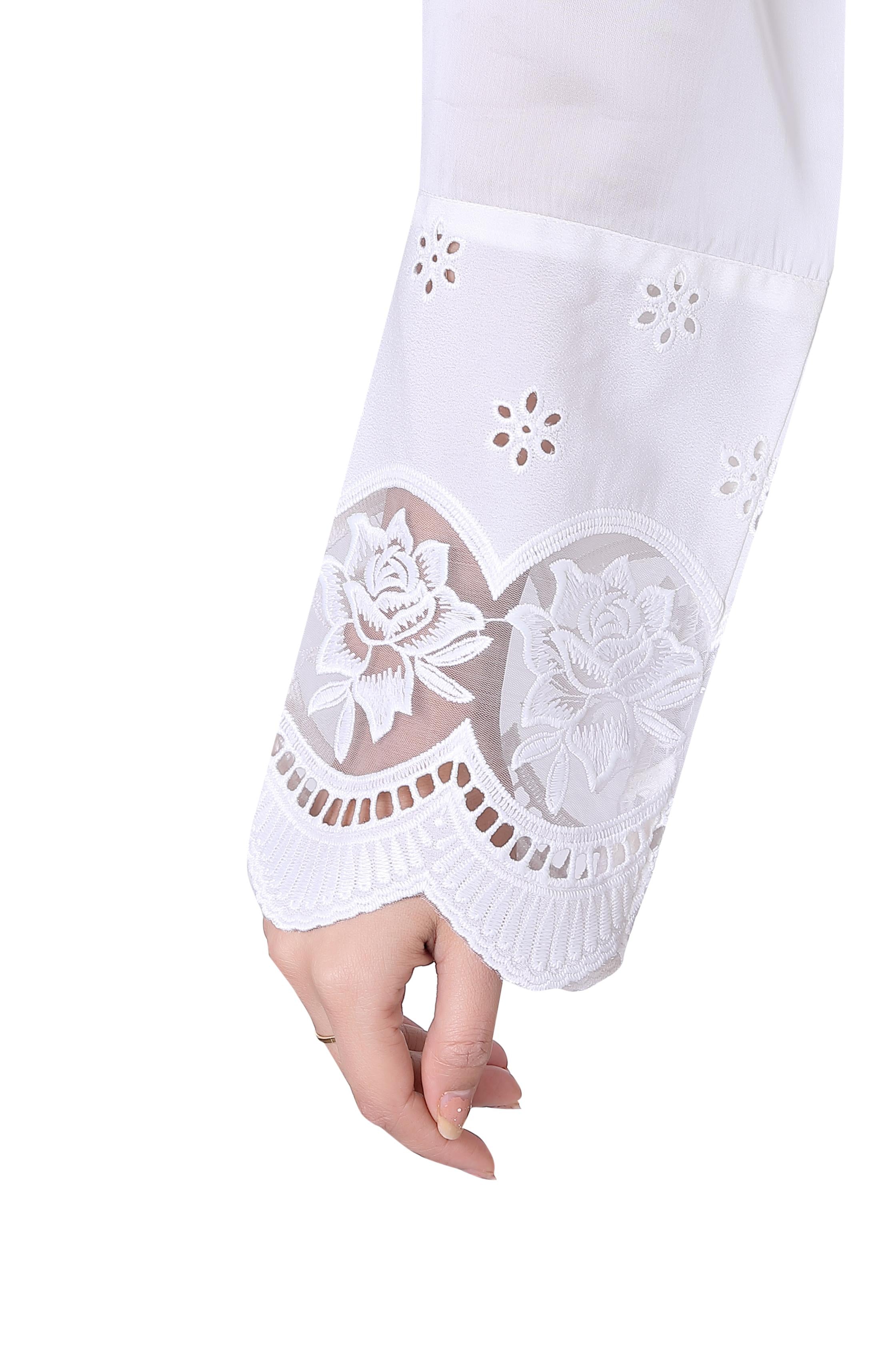 White Cut-Work Embroidered Satin Organza Silk Shirt