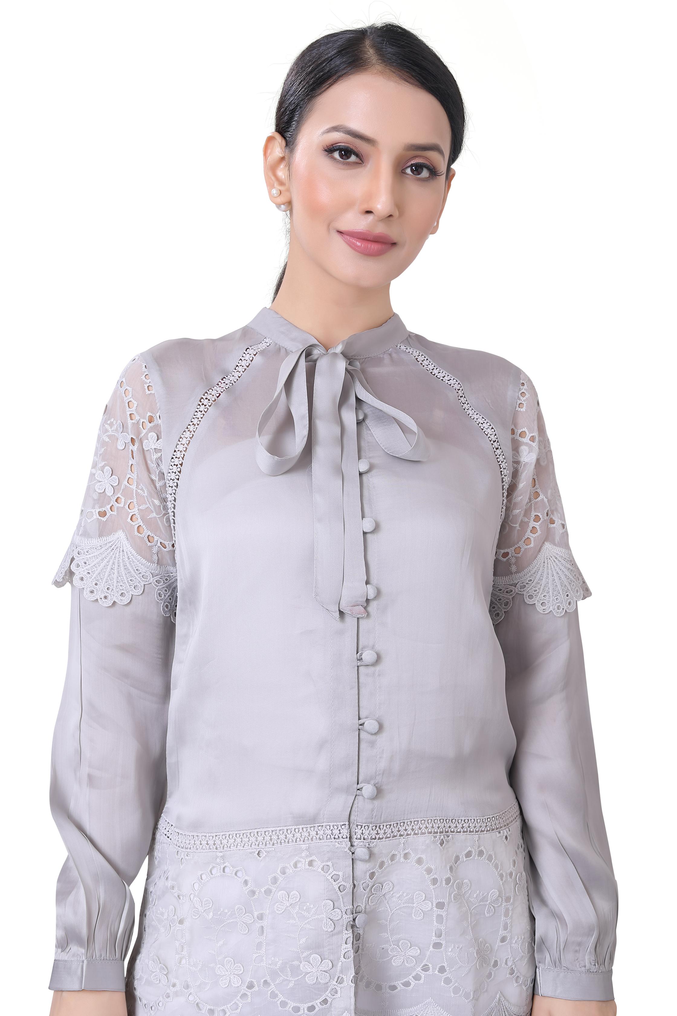 Grey Cut-Work Embroidered Satin Organza Silk Shirt