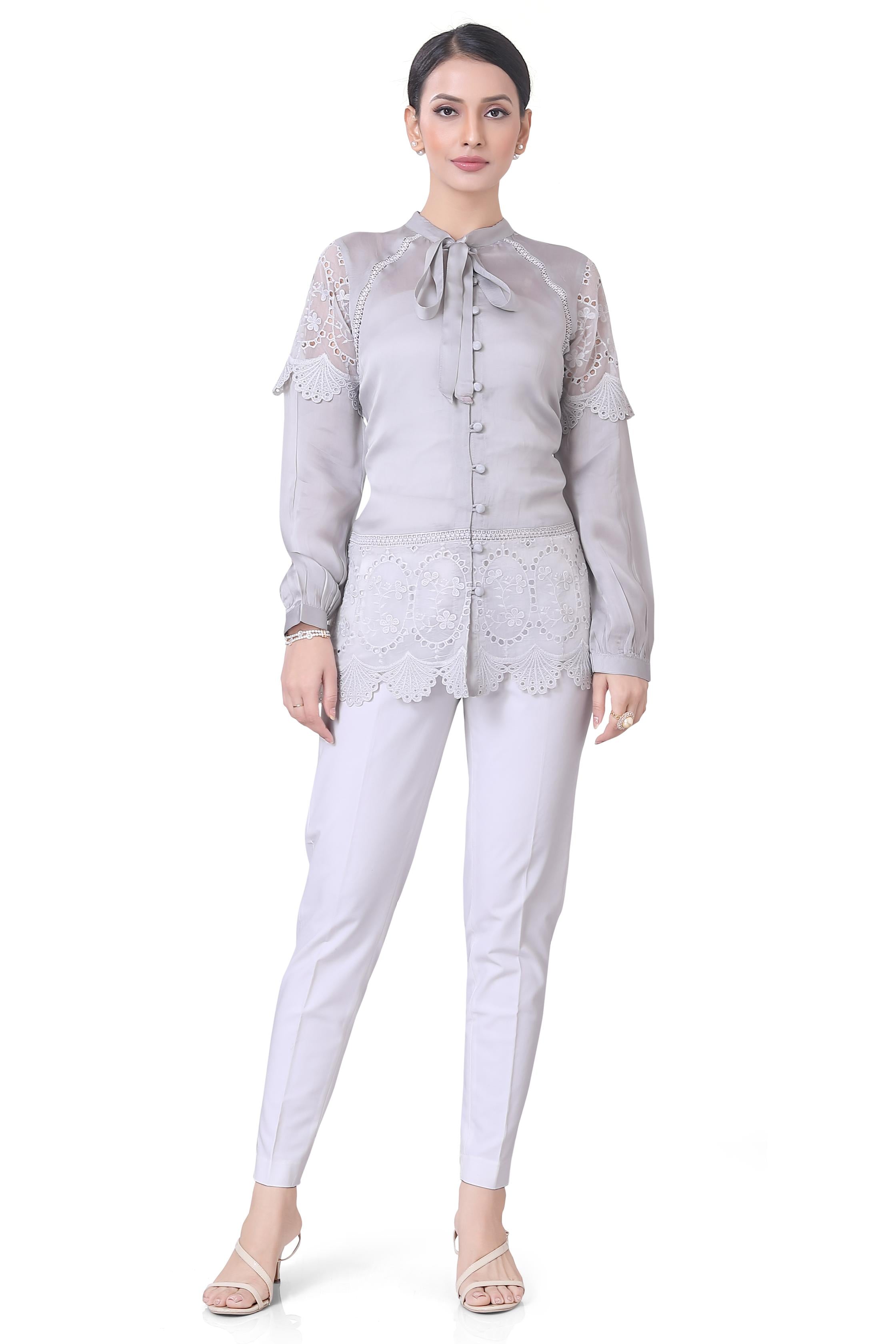 Grey Cut-Work Embroidered Satin Organza Silk Shirt