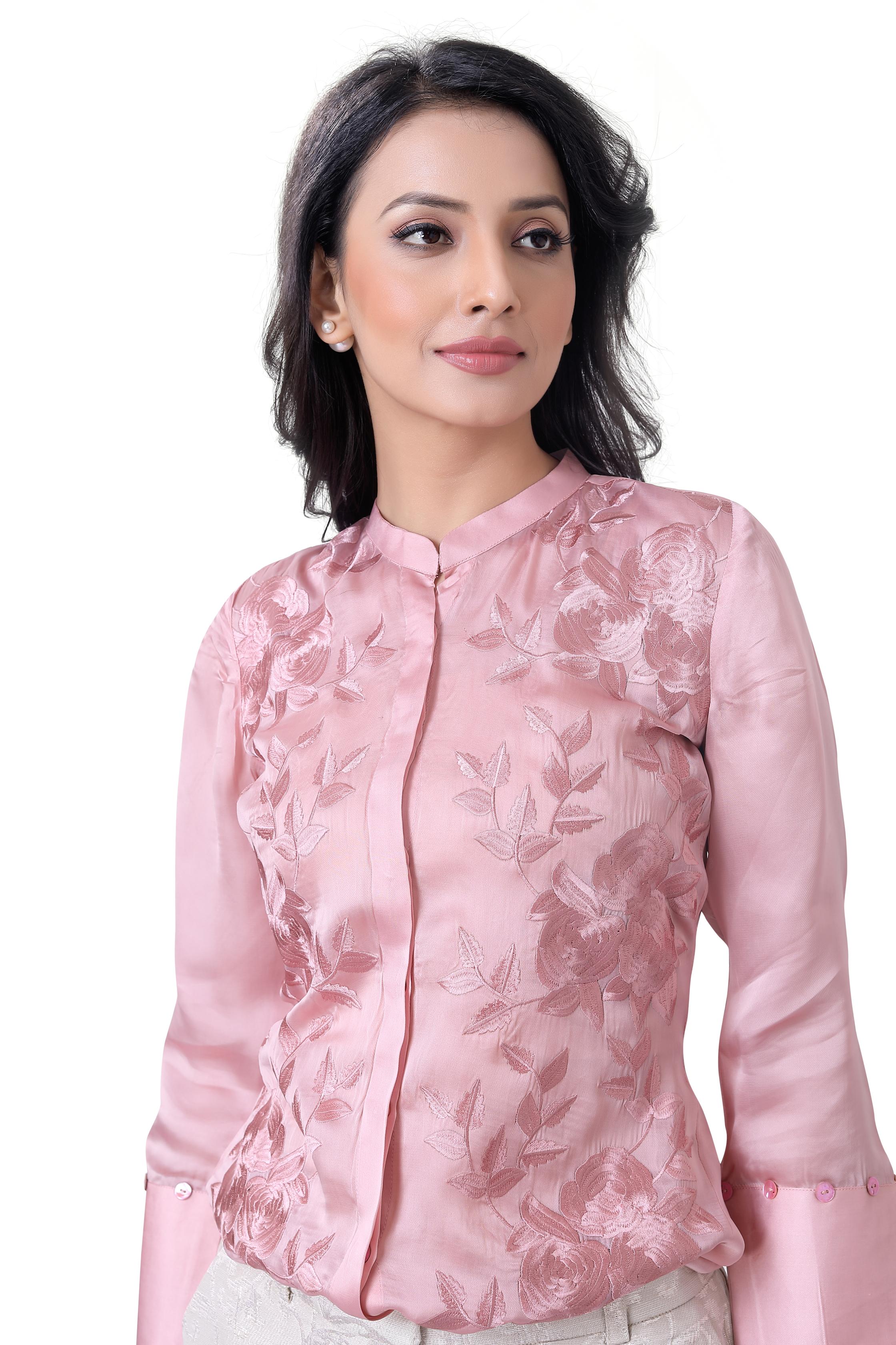 Rose Pink Cut-Work Embroidered Satin Organza Silk Shirt