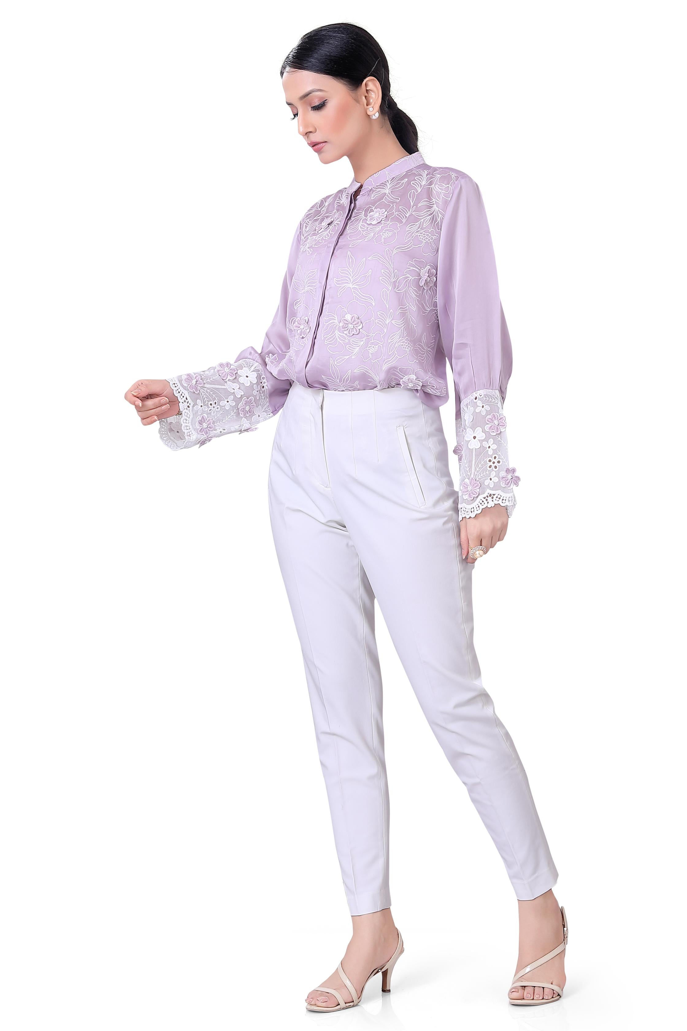 Lavender Cut-Work Embroidered Satin Organza Silk Shirt