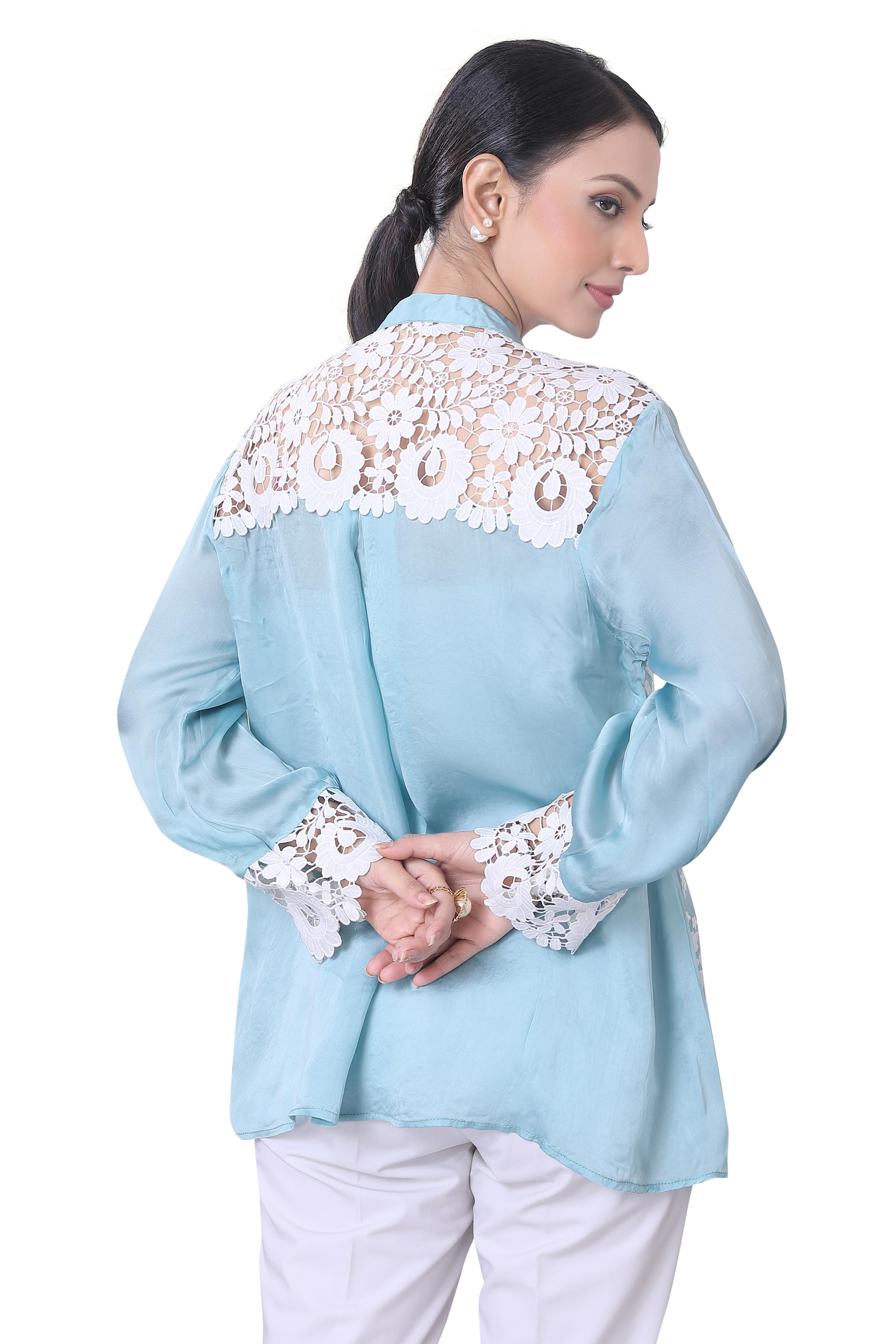 Light Blue Cut-Work Embroidered Satin Organza Silk Shirt