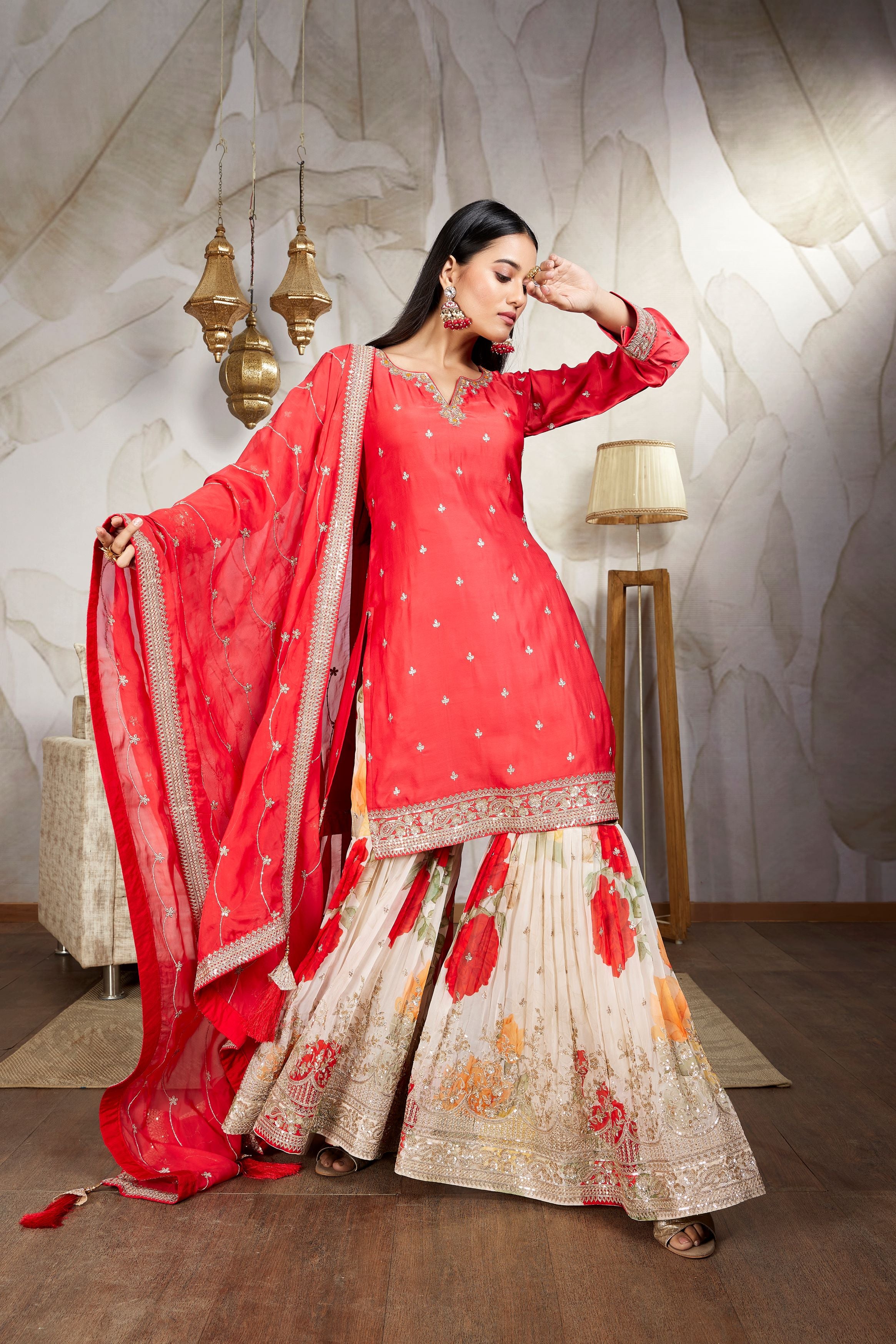 Crimson Red Embellished Raw Silk Sharara Set