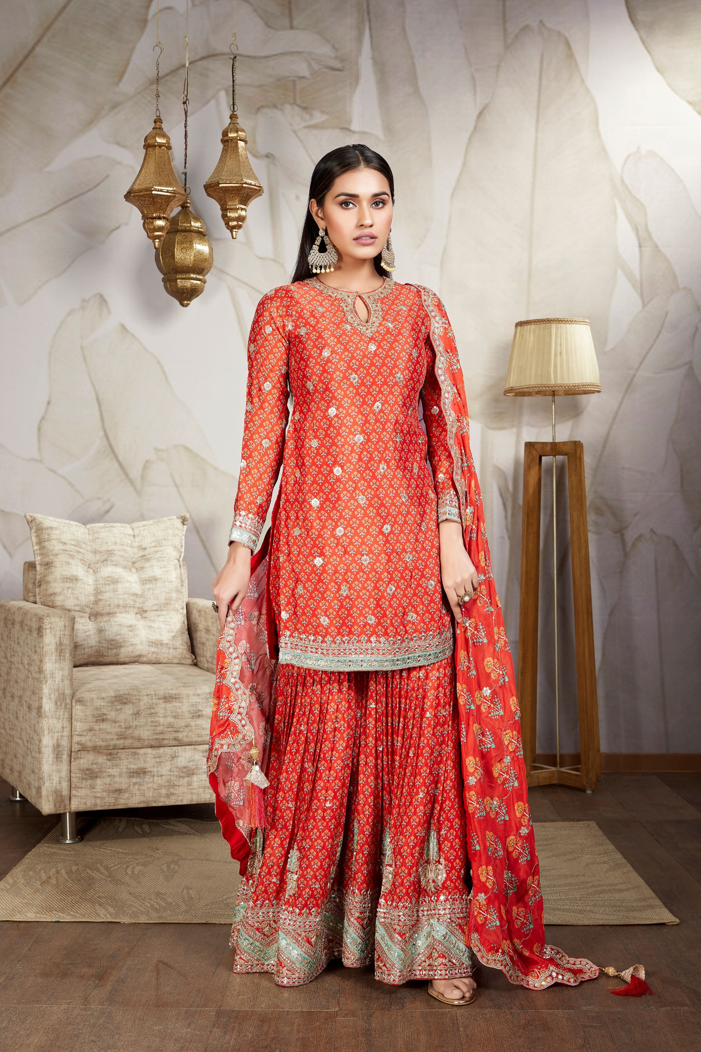 Scarlet Red Floral Printed German Silk Sharara Set