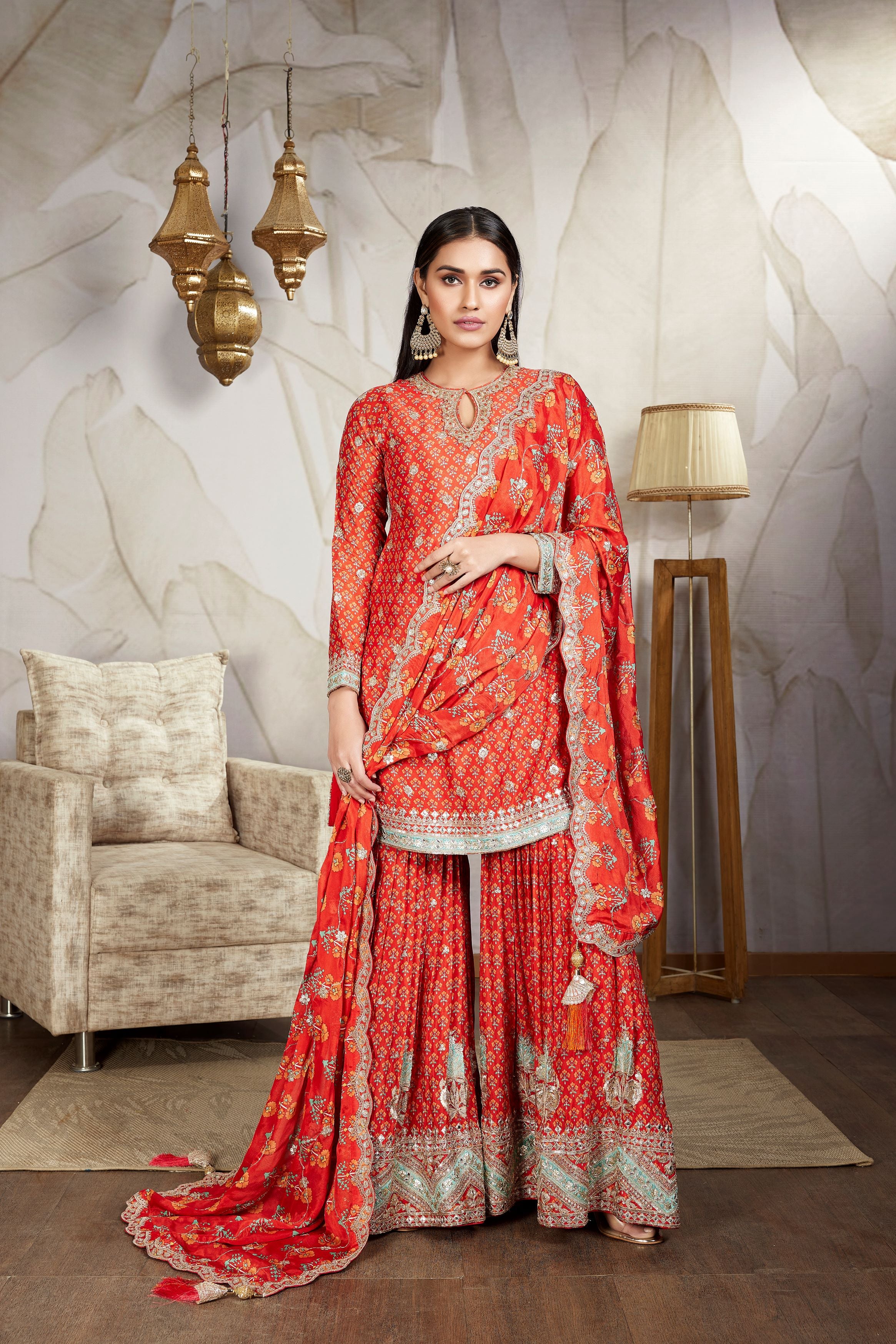 Scarlet Red Floral Printed German Silk Sharara Set