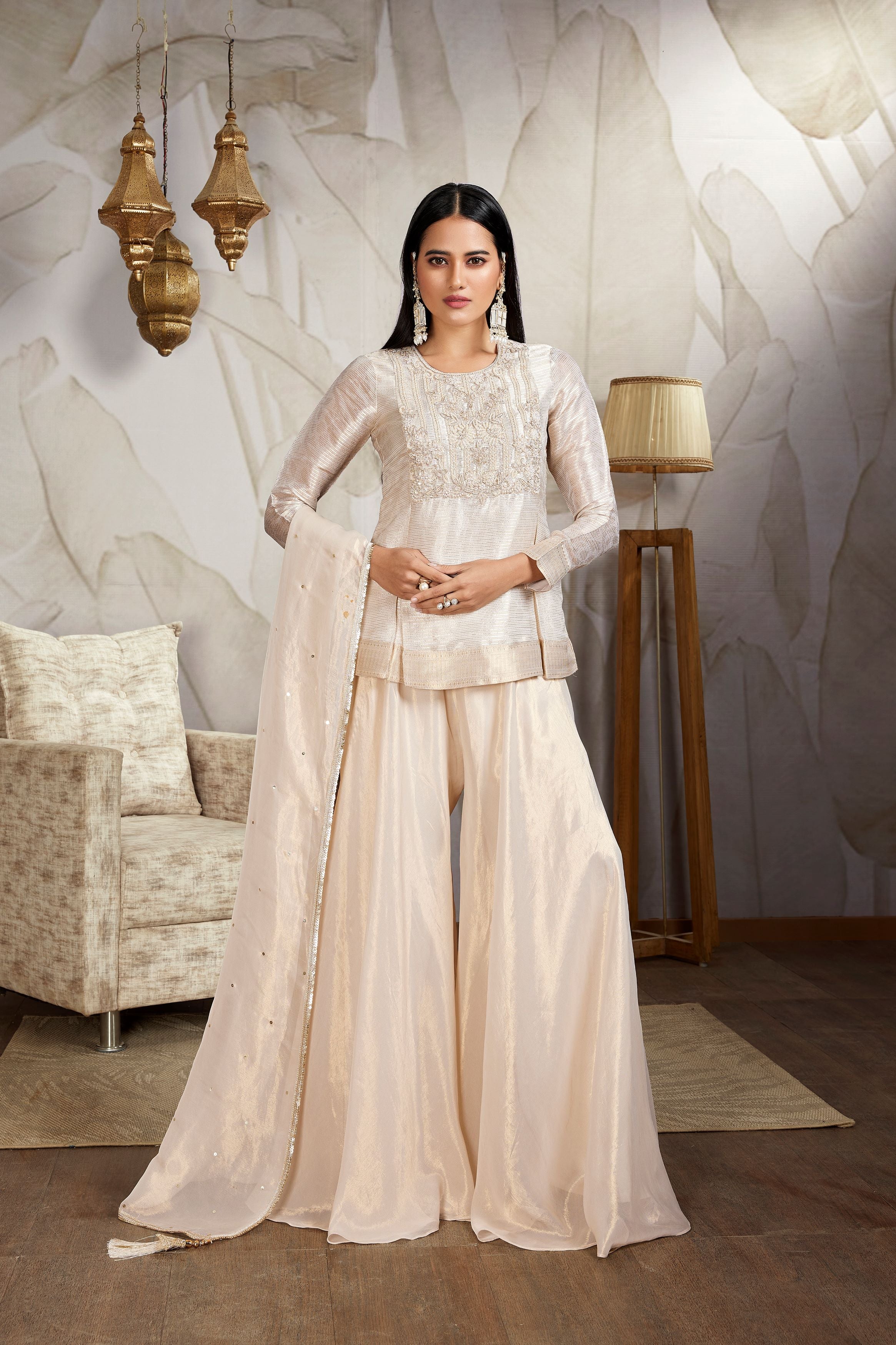 Pastel Beige Embellished Tissue Organza Silk Palazzo Set