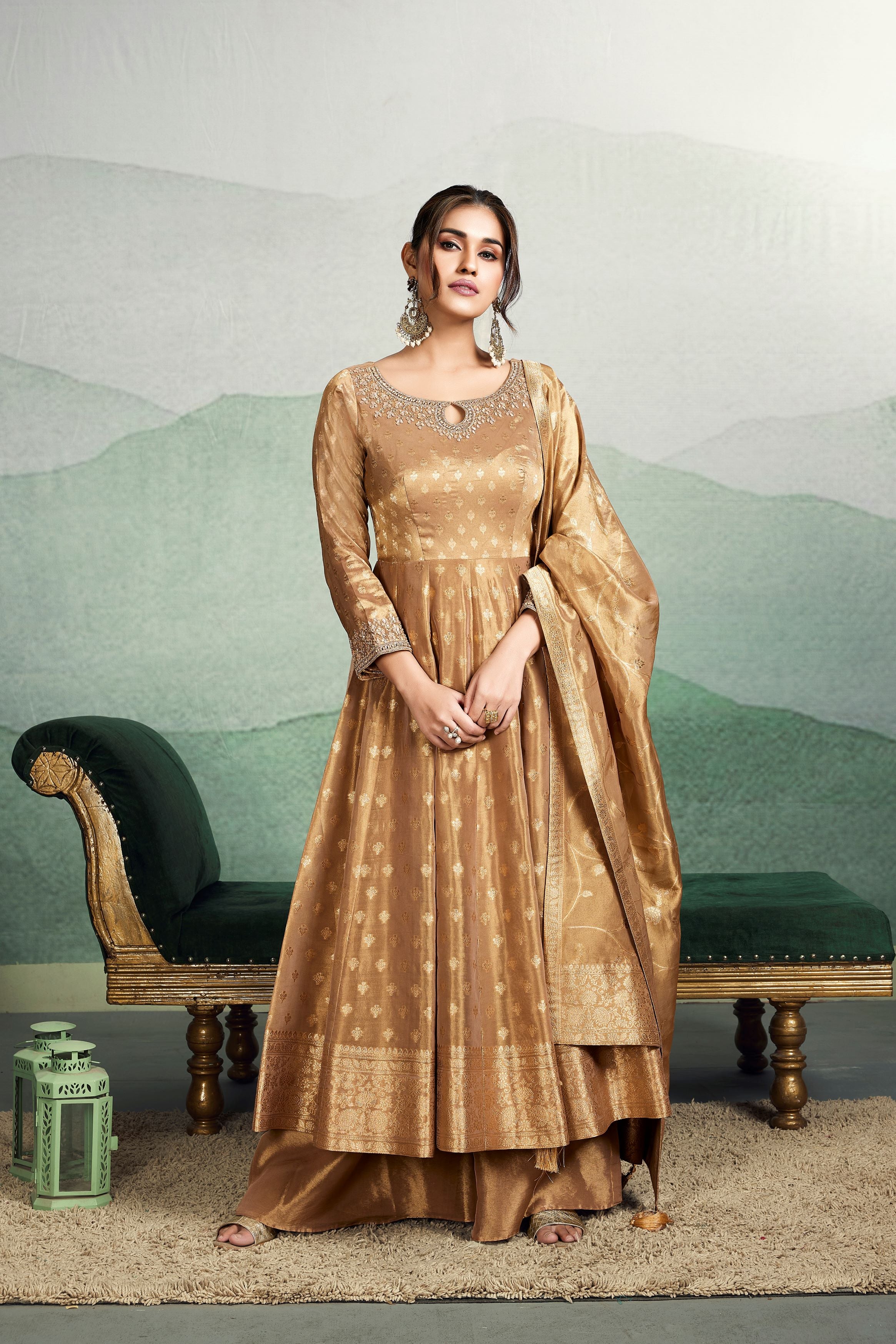 Golden Bronze Embellished Premium Brocade Silk Anarkali Set