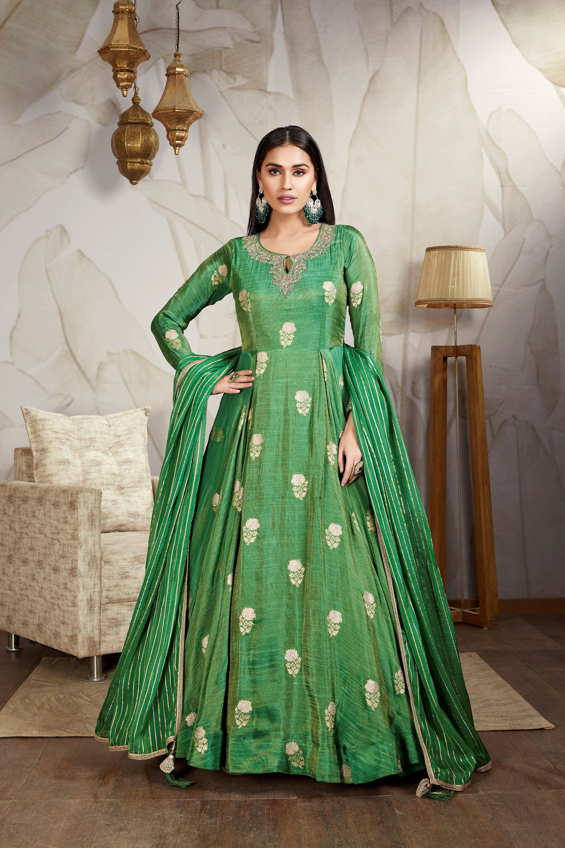 Green Embellished Brocade Silk Anarkali Set