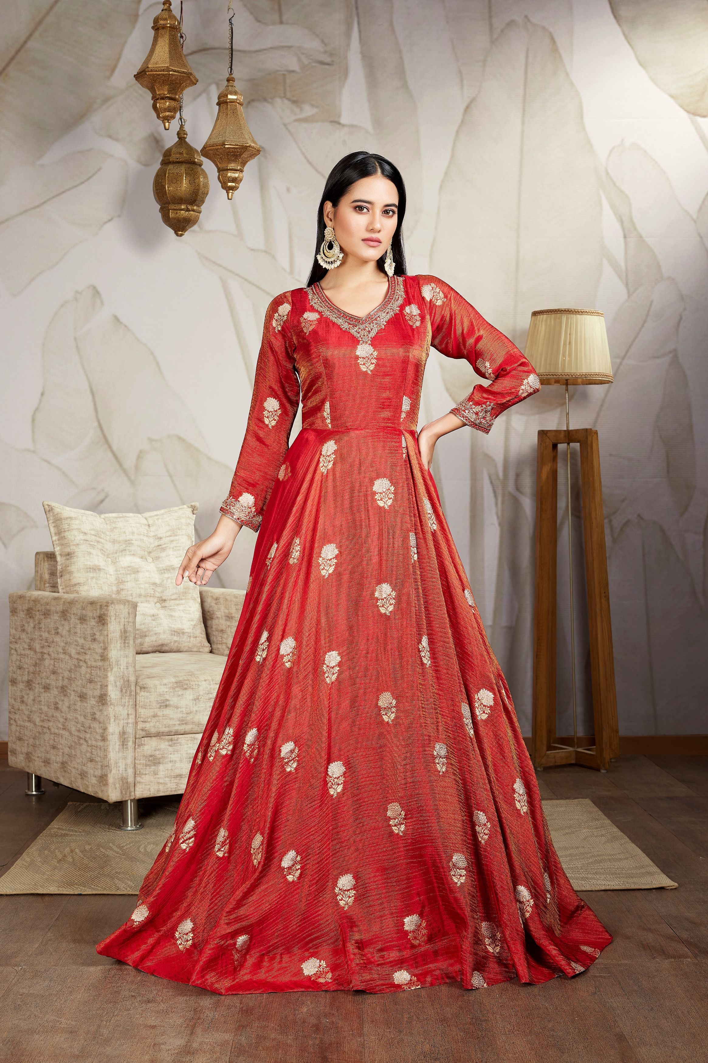 Royal Red Embellished Brocade Silk Gown