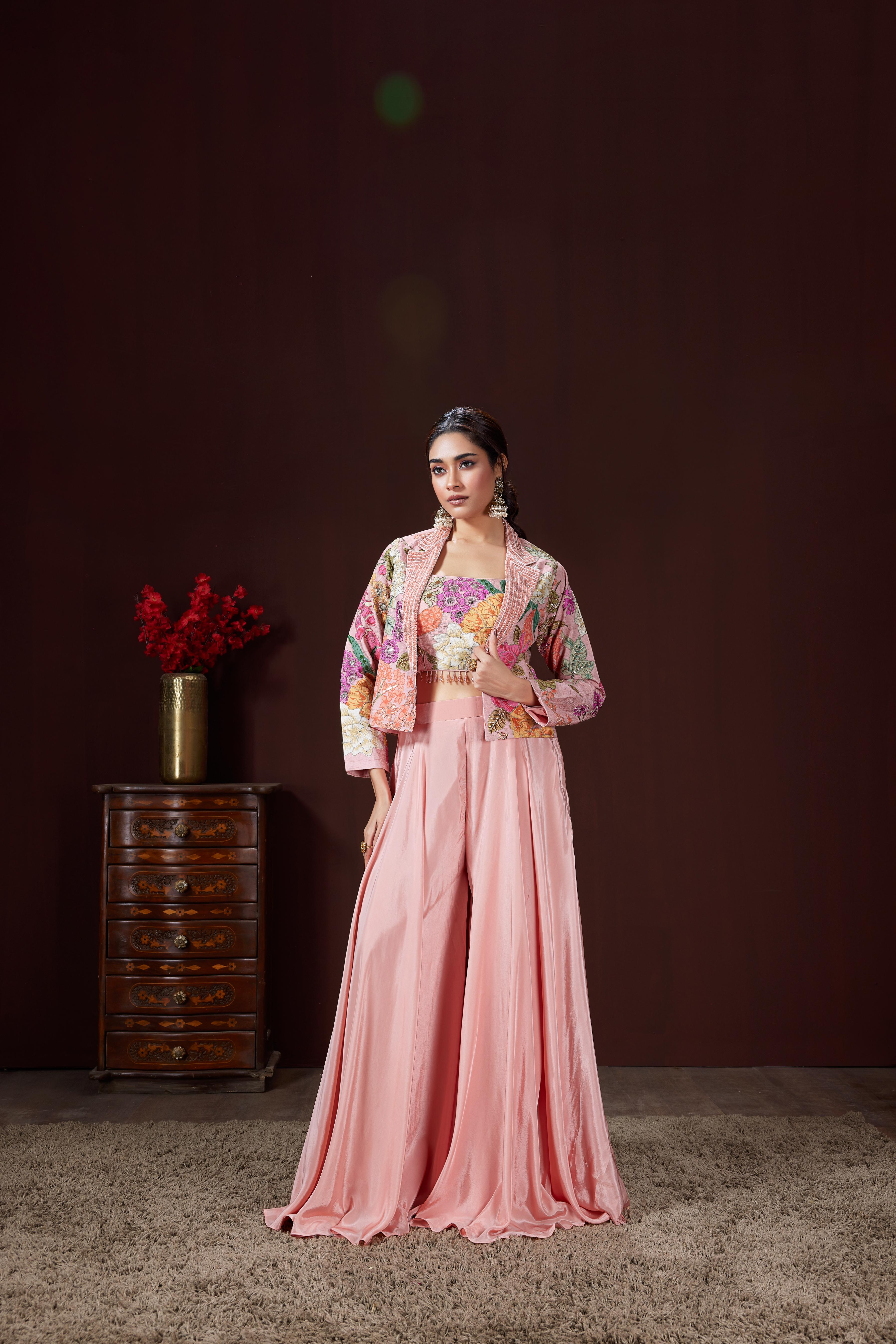 Blush Pink Embellished Satin Silk Jacket Set