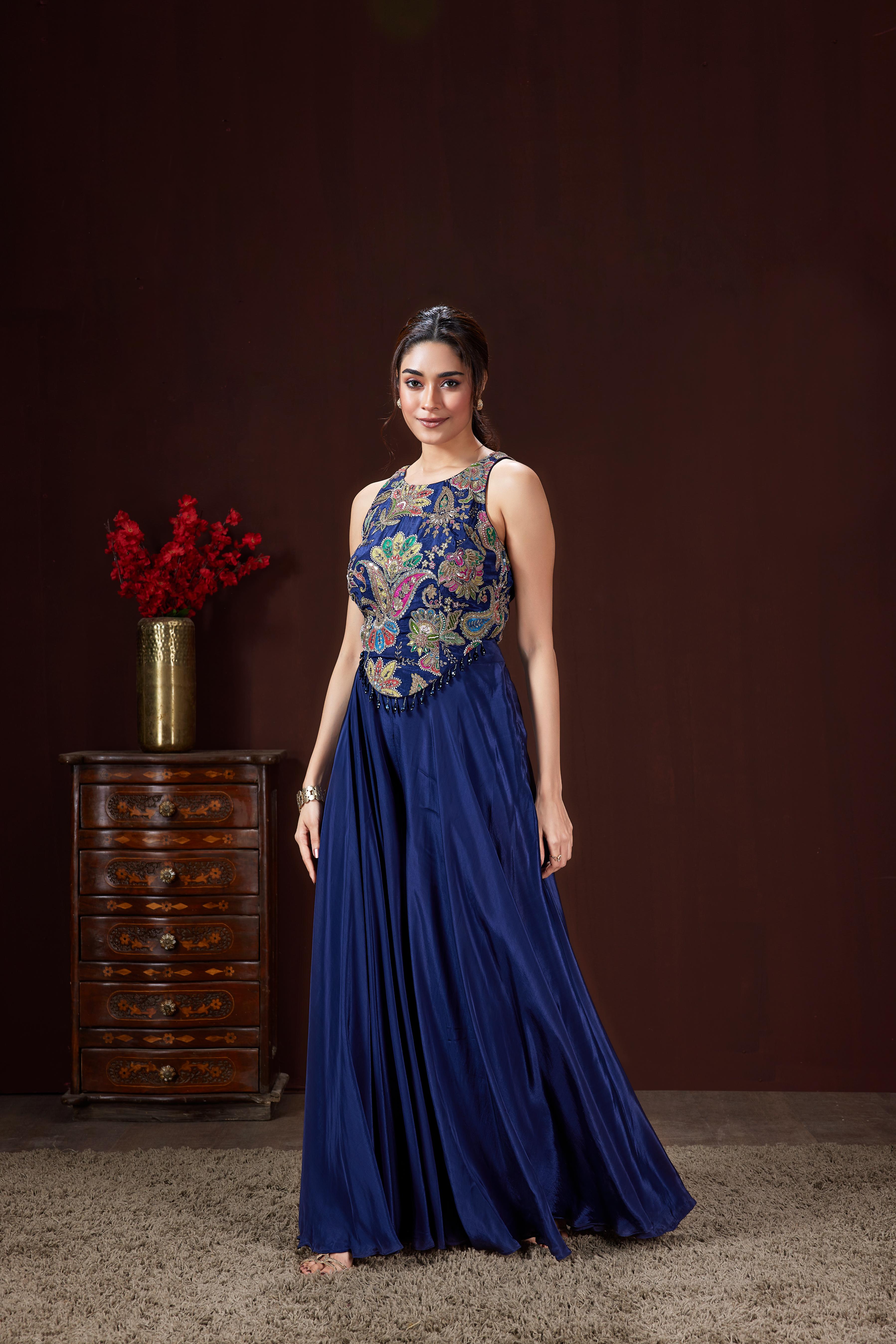 Sapphire Blue Embellished Satin Silk Palazzo Set