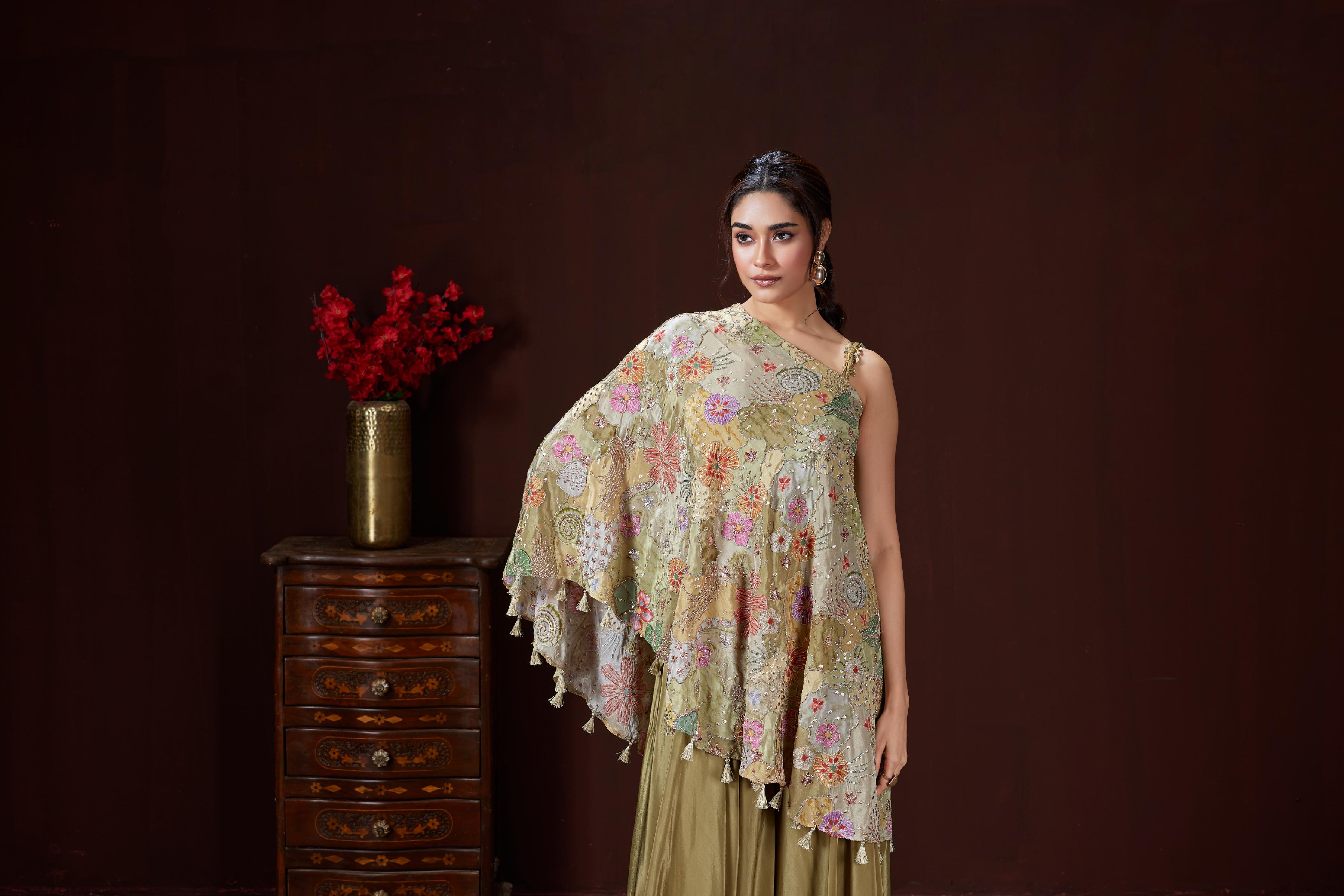 Moss Green Embellished Crepe Silk Palazzo Set